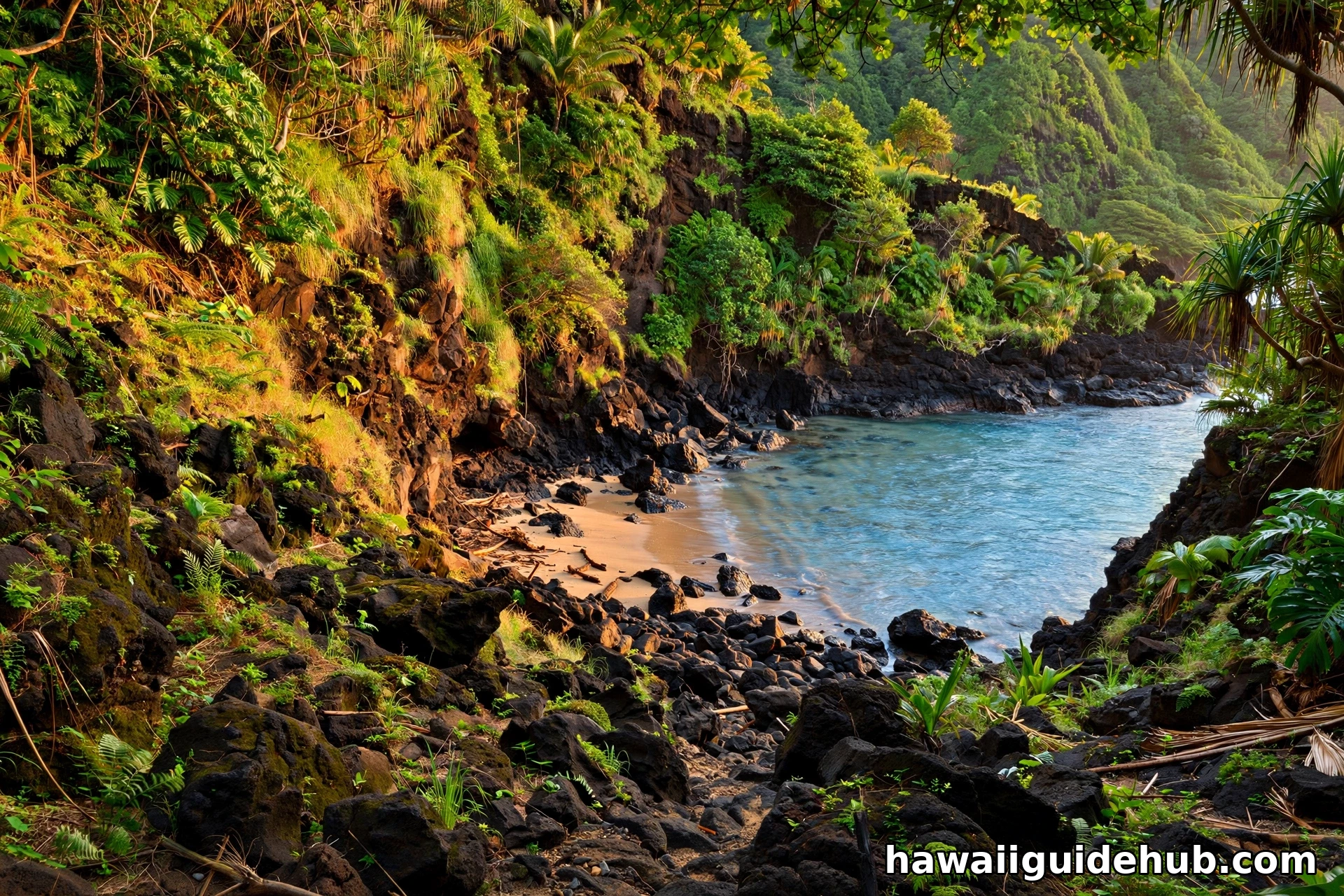 Small rocky cove with lava rocks and a pocket of sand near Puʻu Poa Beach, Kauai