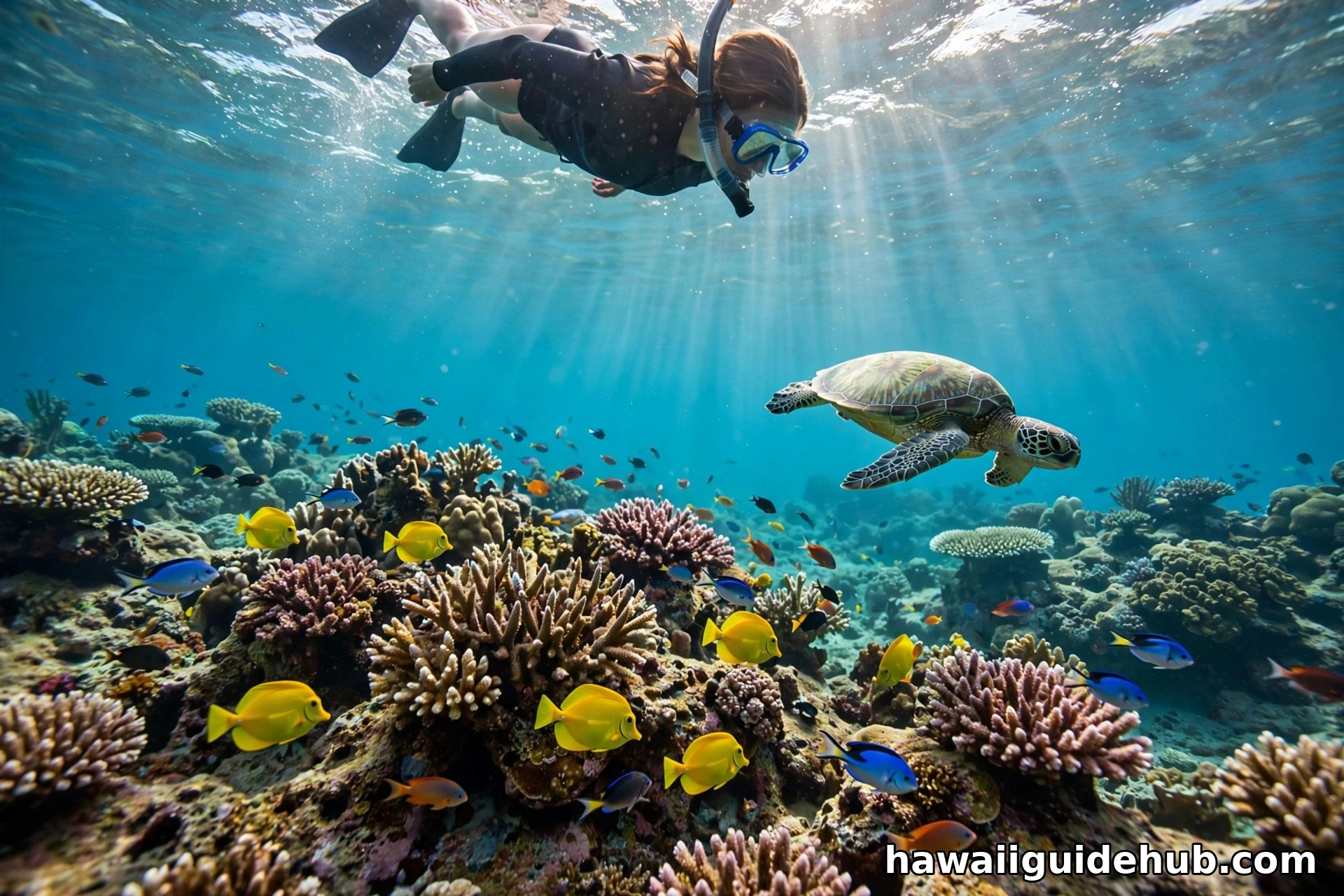 Snorkeler swimming with a green sea turtle over the coral reef off Puʻu Poa Beach, Kauai