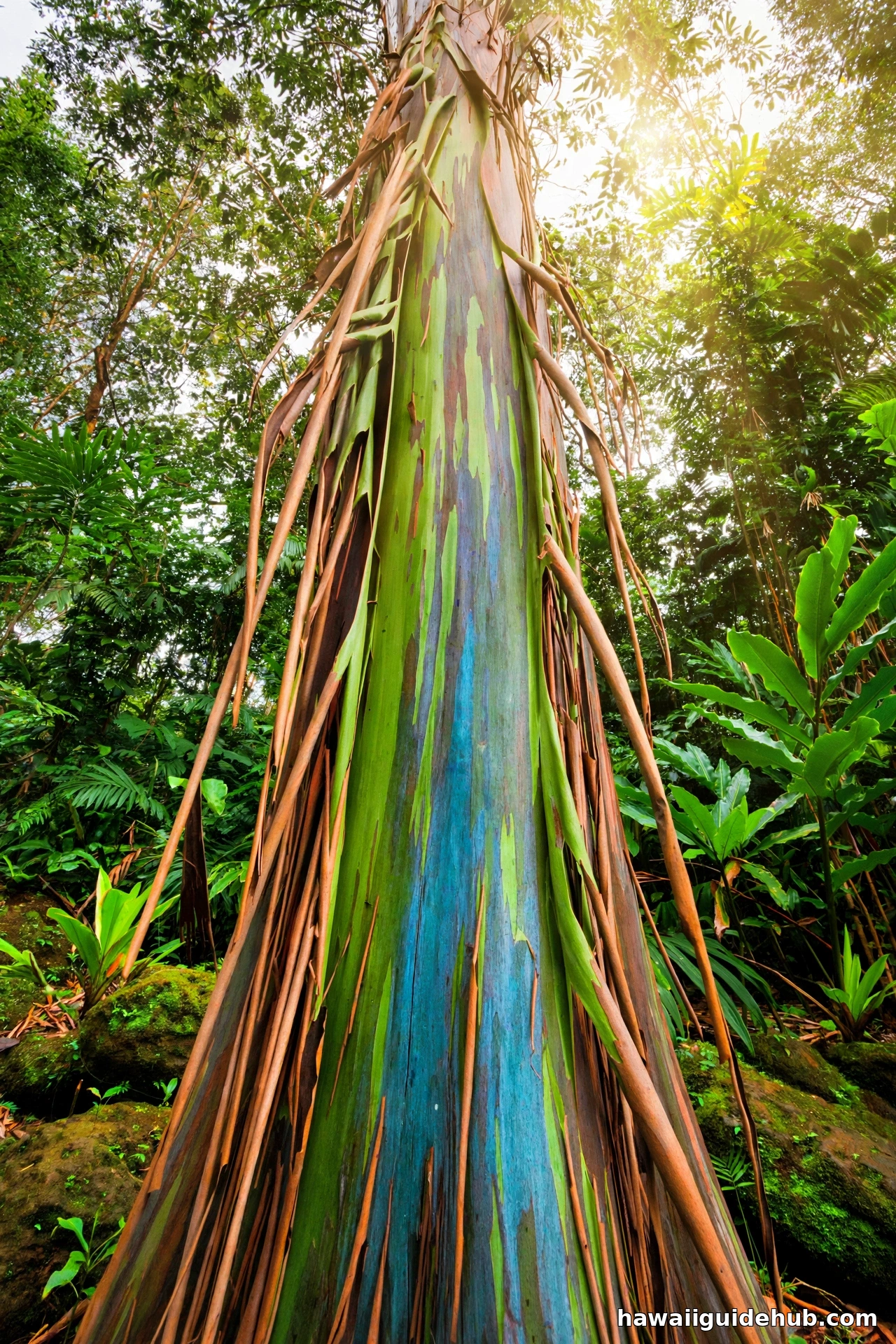 Looking up a rainbow eucalyptus trunk as long strips of bark peel away revealing green and blue inner bark