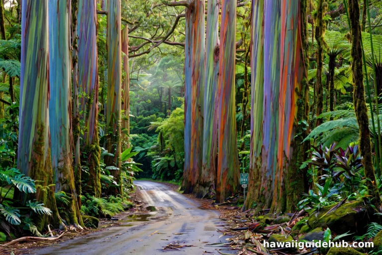 Grove of rainbow eucalyptus trees with colorful painted bark lining a road through rainforest on the Road to Hana, Maui