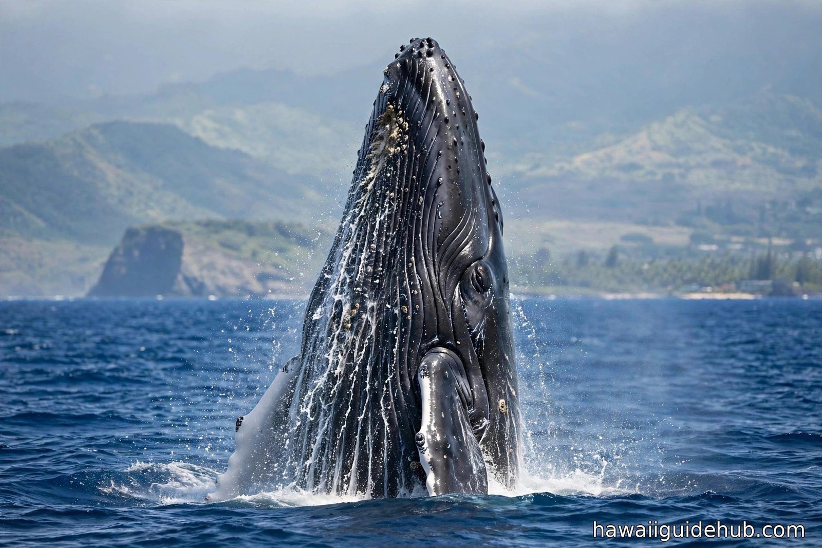 Humpback whale breaching out of the Pacific Ocean off Maui Hawaii with mountains in the background