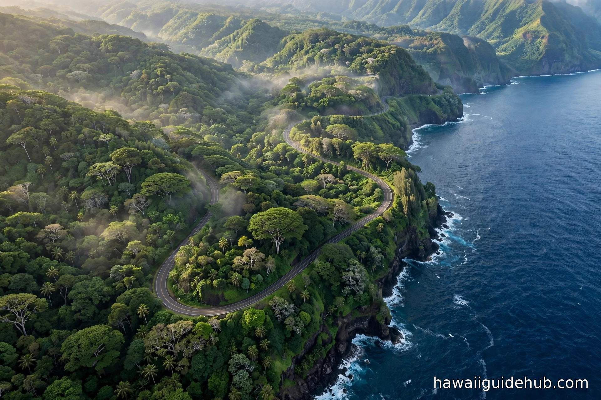 Aerial view of the winding Hana Highway through lush rainforest along Maui's coast