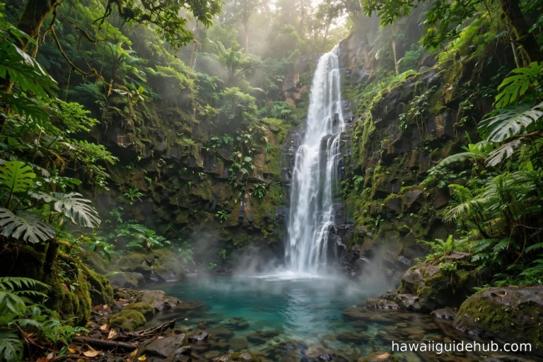 Tall waterfall cascading down a moss-covered volcanic cliff into a clear turquoise pool in the Maui rainforest along the Road to Hana