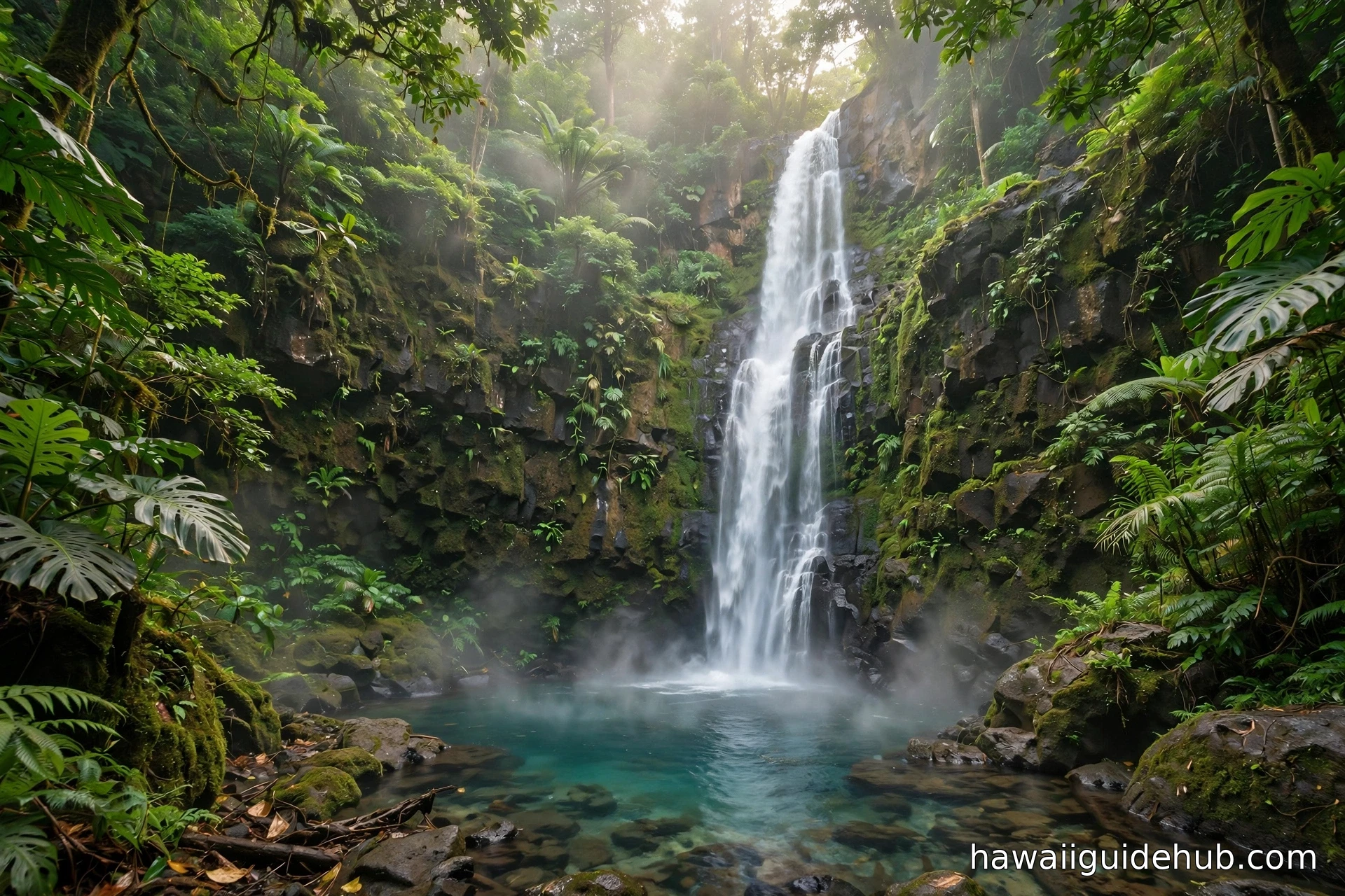 Tall waterfall cascading down a moss-covered volcanic cliff into a clear turquoise pool in the Maui rainforest along the Road to Hana