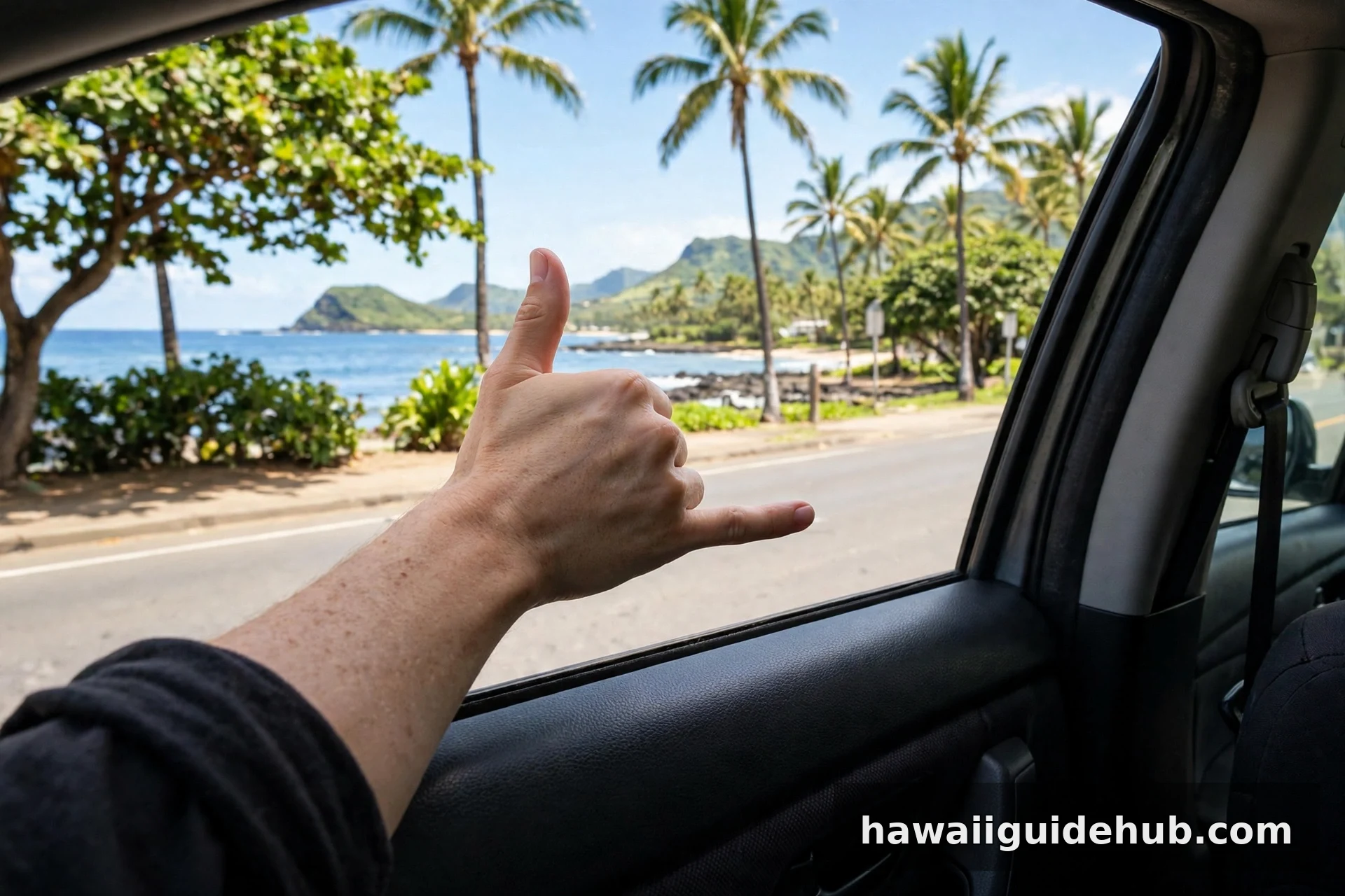 A driver's hand giving the shaka sign out of a car window on a tropical Hawaii road lined with palm trees