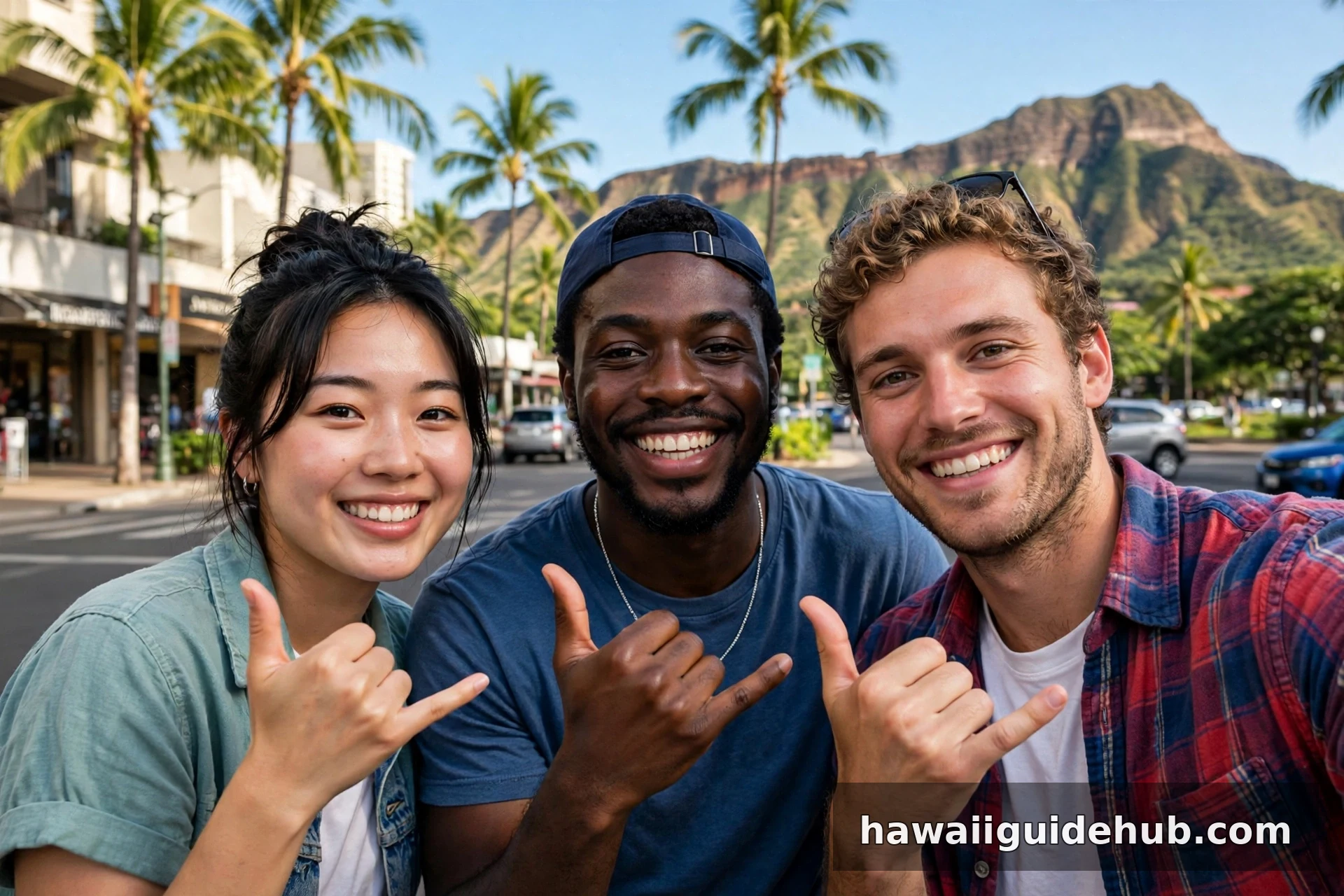 Three friends smiling and giving the shaka hand sign on a sunny street in Waikiki with Diamond Head in the background