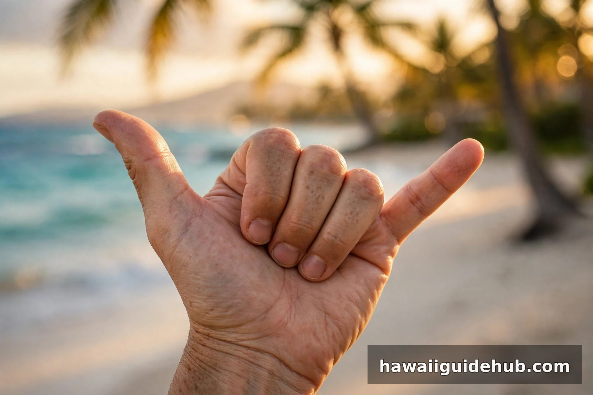 Close-up of a hand making the Hawaiian shaka sign with thumb and pinky extended against a tropical beach backdrop in Hawaii