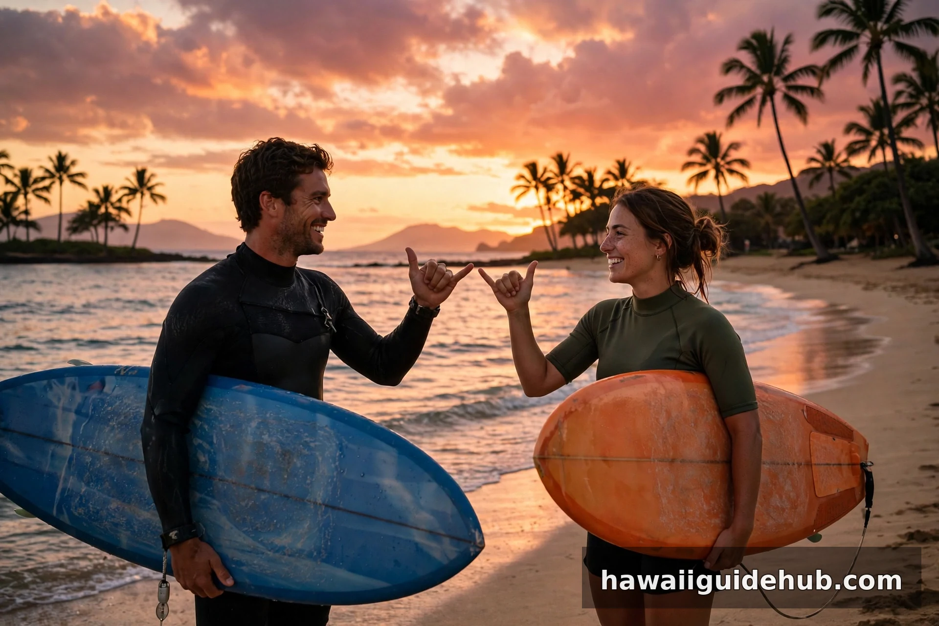 Two surfers holding surfboards on a Hawaiian beach at sunset exchanging the shaka hand sign