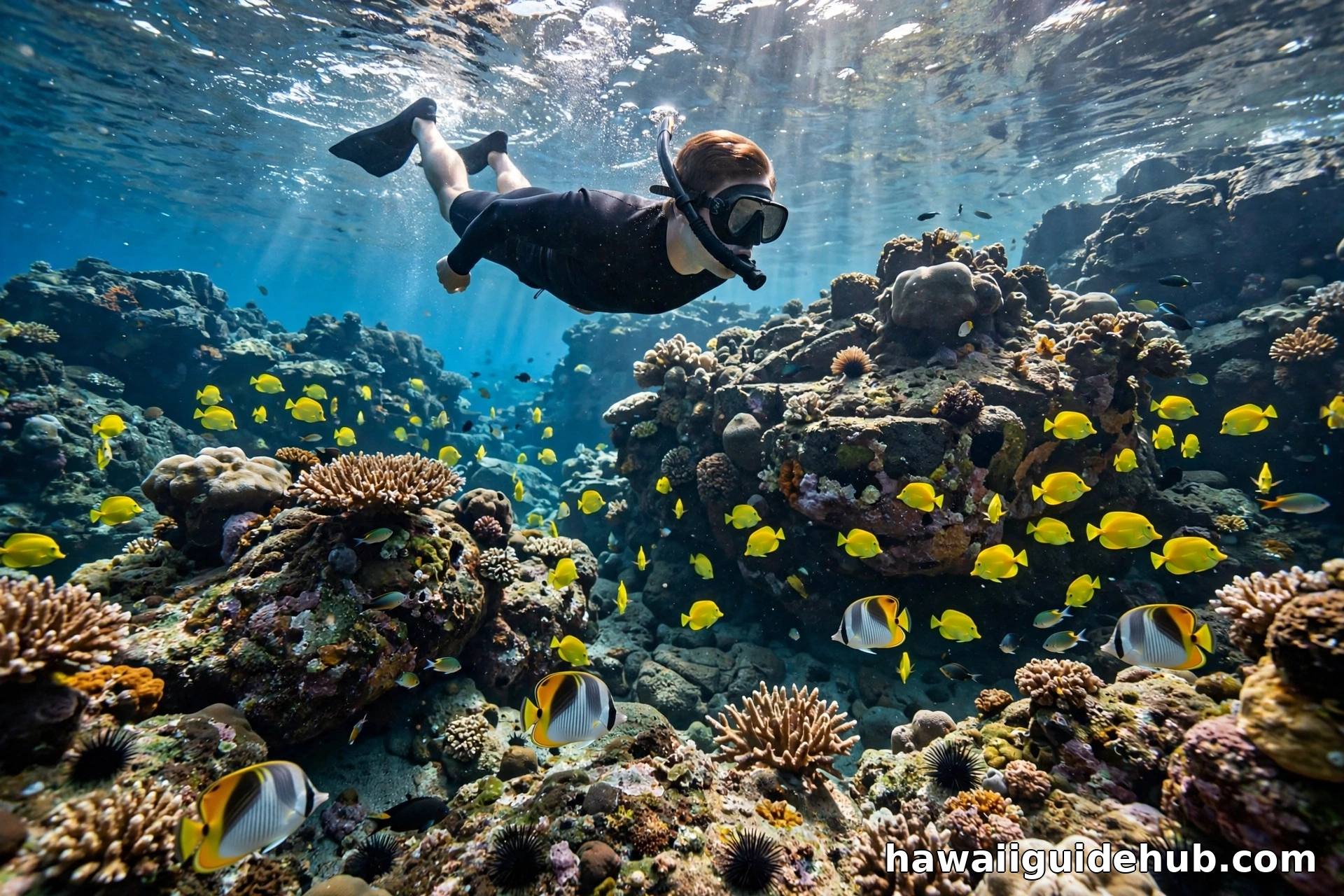 Snorkeler swimming over a coral reef with schools of yellow tang at Shark's Cove