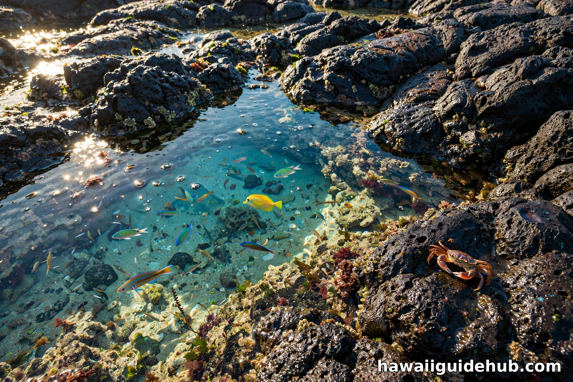 Colorful fish and a crab in a clear lava-rock tide pool at Shark's Cove, Oahu