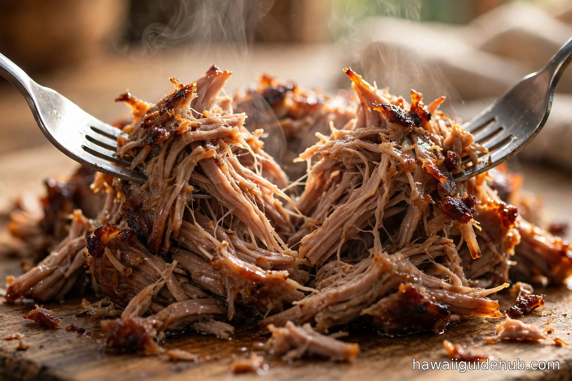 Tender shredded kalua pork being pulled apart with two forks, steam rising