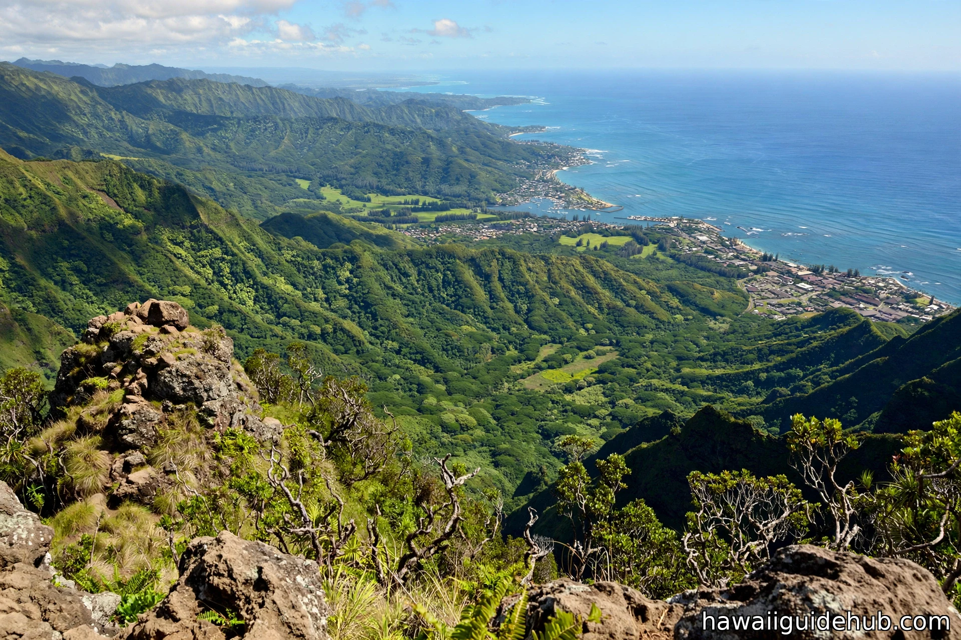View from Sleeping Giant summit over the coastal town of Kapaa and the ocean on Kauai's east side