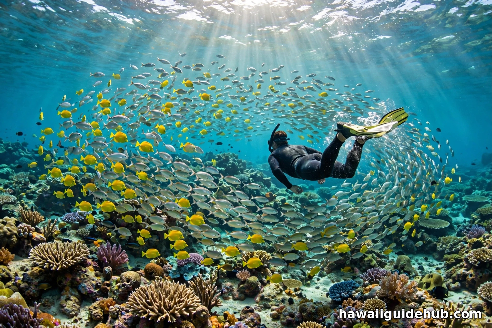 Snorkeler swimming with a large school of tropical fish over a coral reef at Electric Beach Oahu