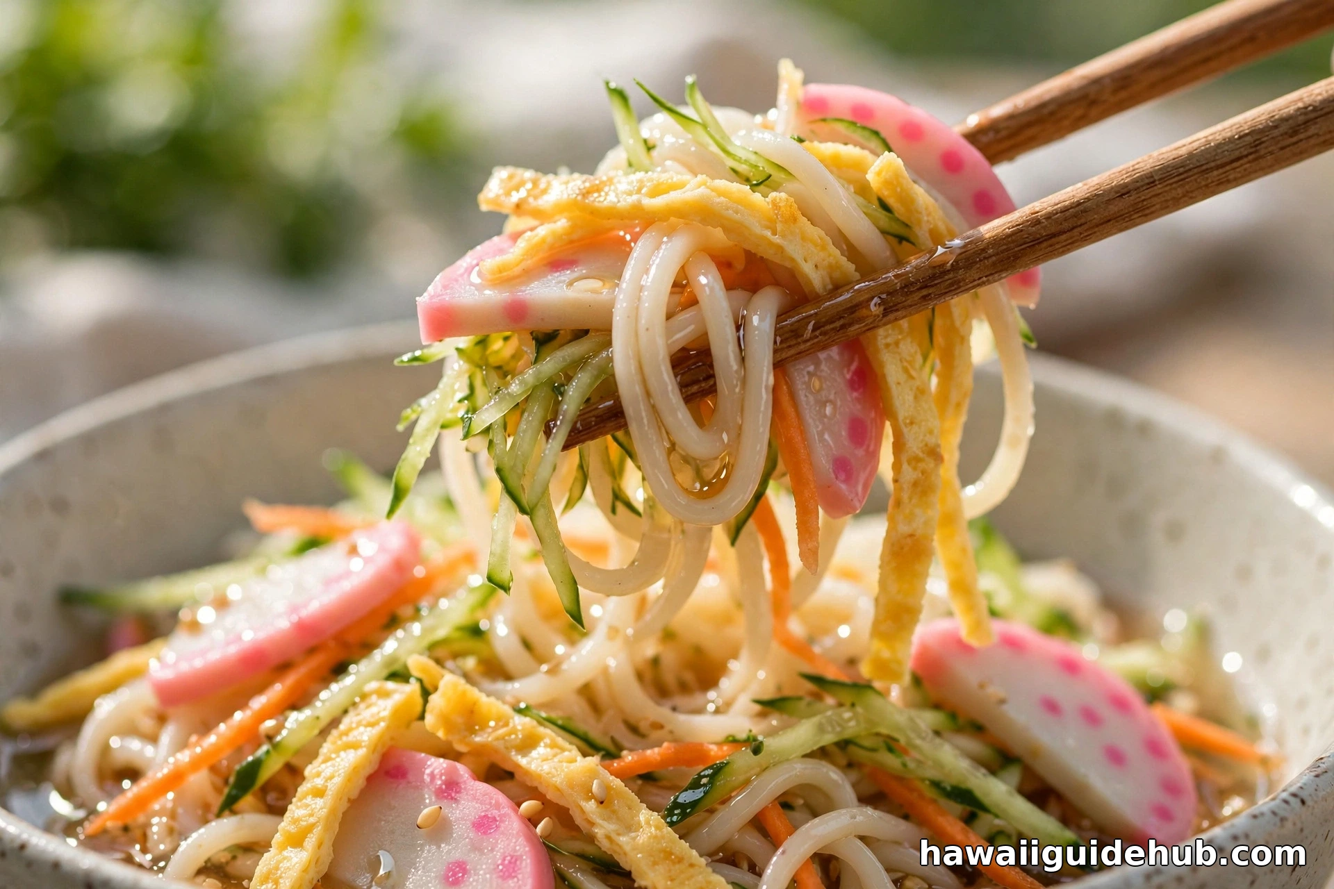 Chopsticks lifting glossy somen noodles with egg, kamaboko, cucumber and carrot from a bowl