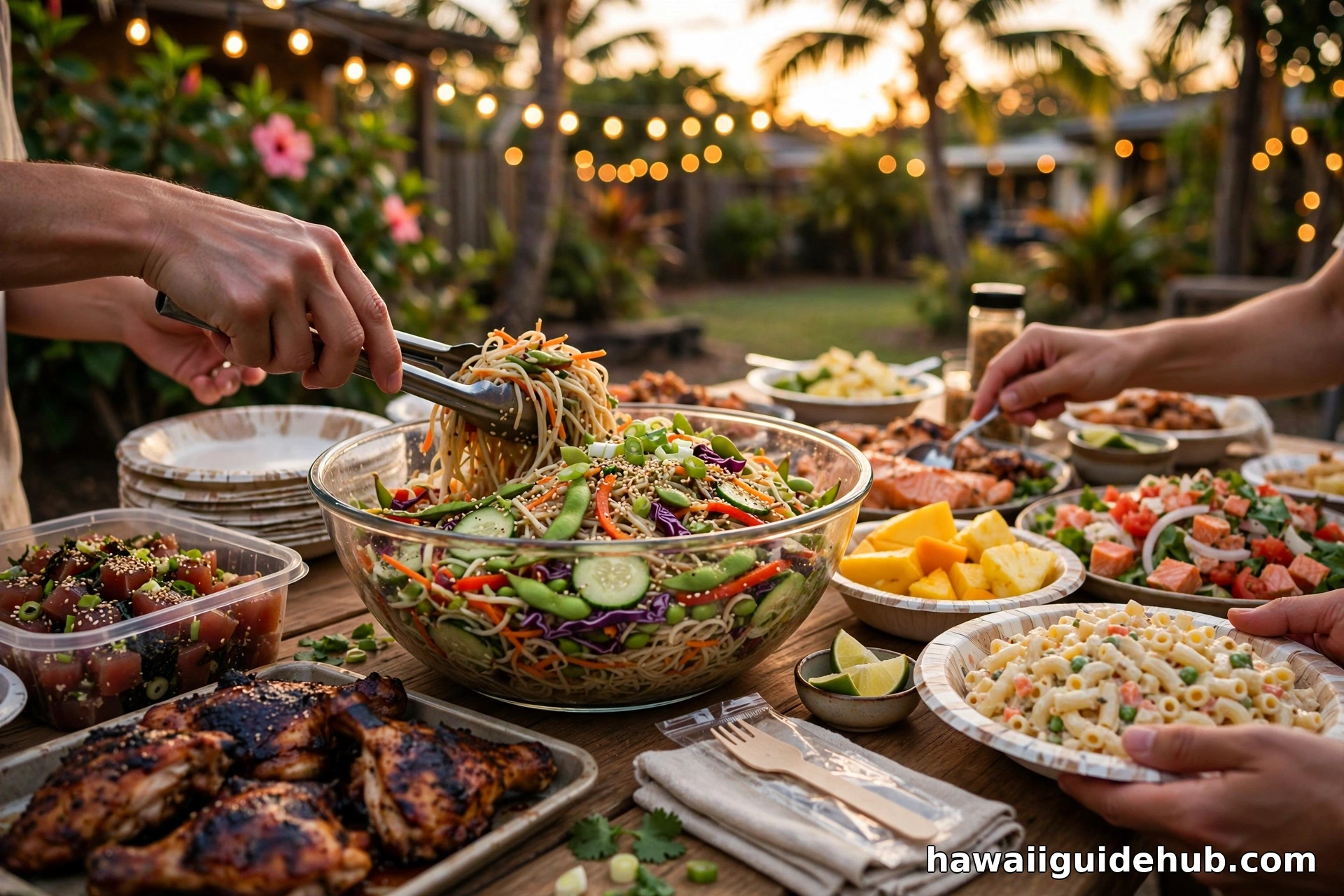 Hawaiian backyard potluck table at golden hour with a large bowl of somen noodle salad being served among local dishes