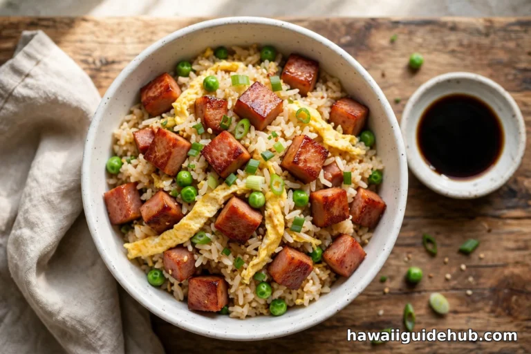 Bowl of Hawaiian spam fried rice with crispy SPAM cubes, egg ribbons, green onions, and peas on a wooden table