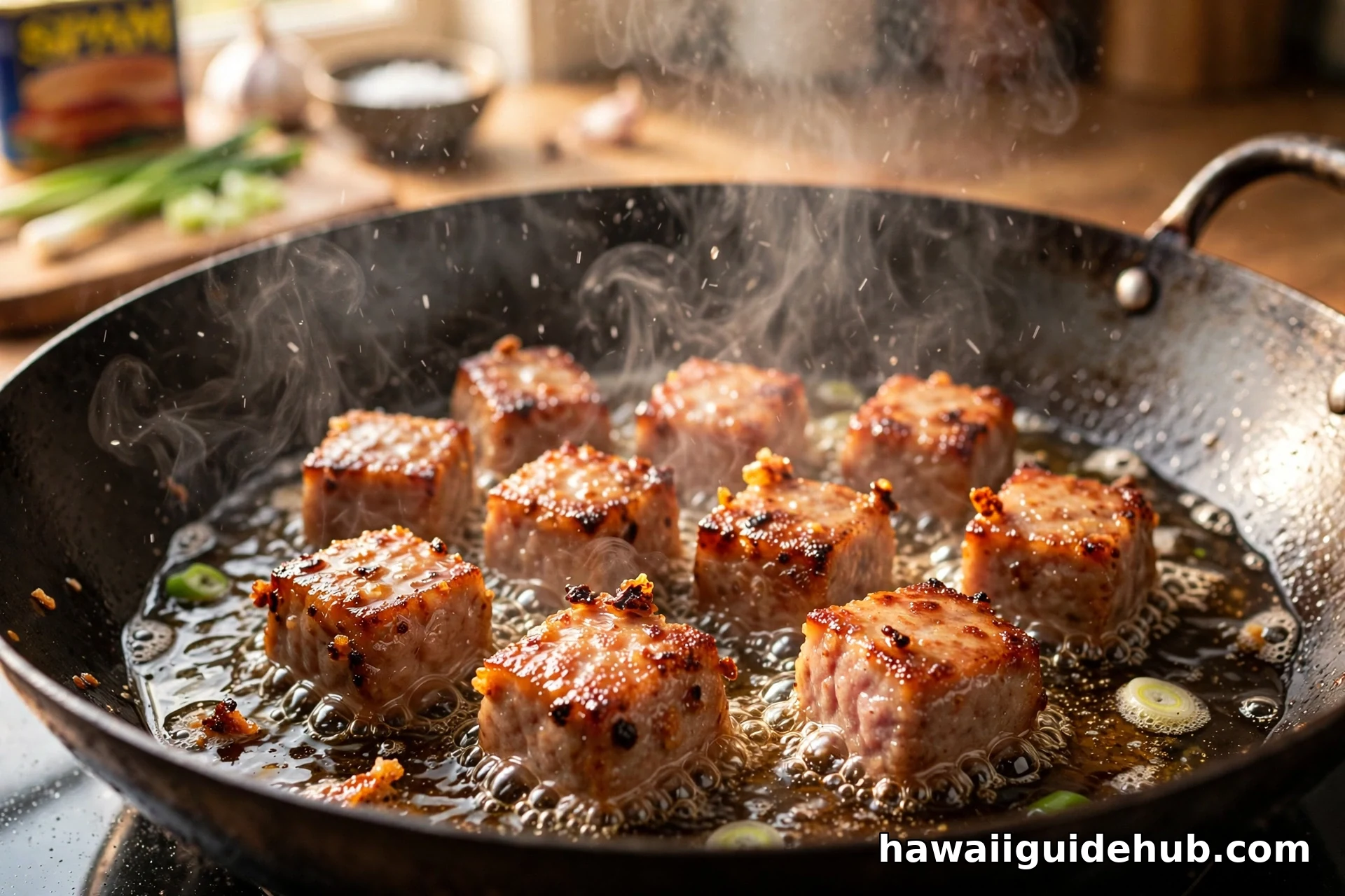 Three steps for making Hawaiian spam fried rice