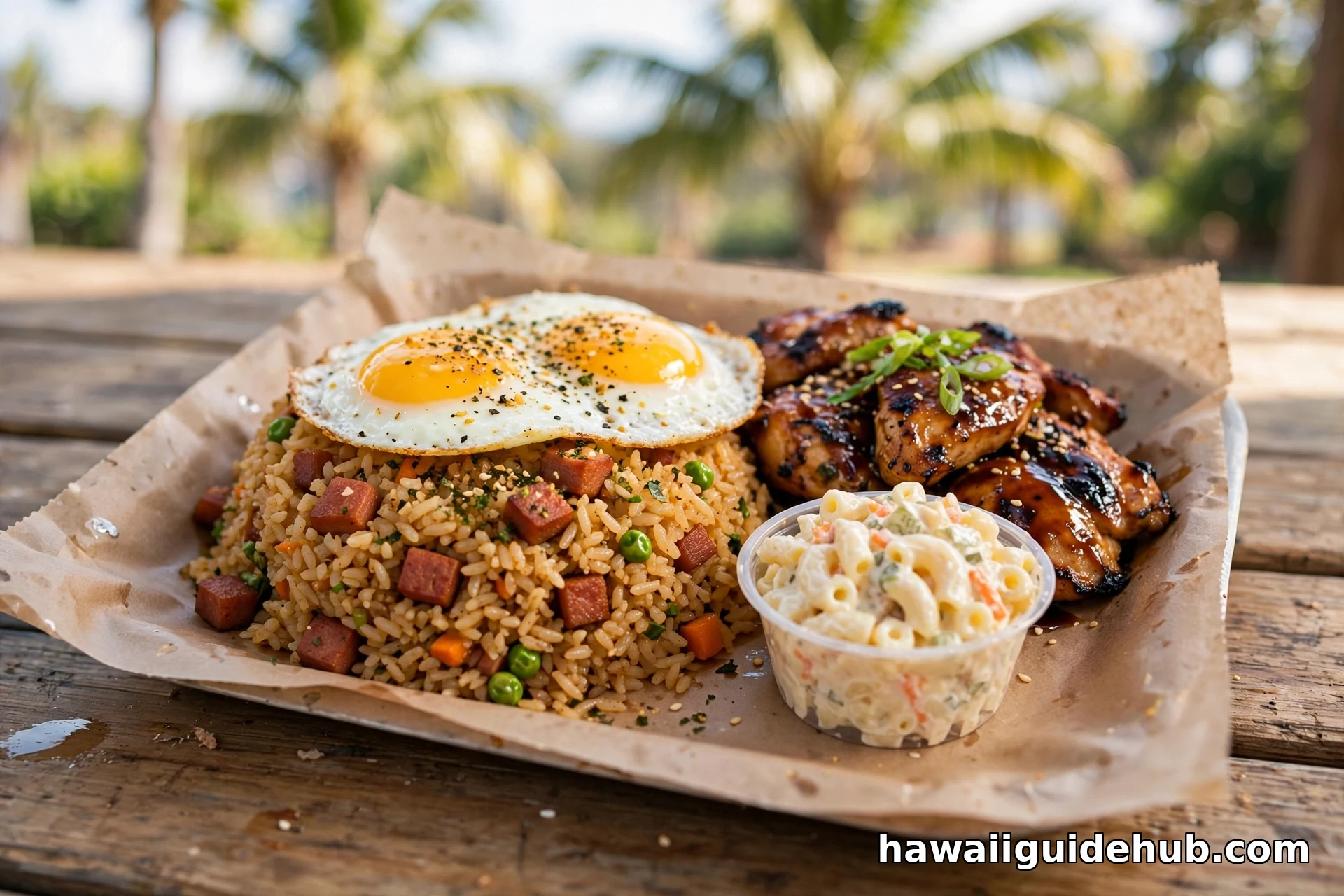 Hawaiian plate lunch with spam fried rice topped with fried eggs, teriyaki chicken, and mac salad