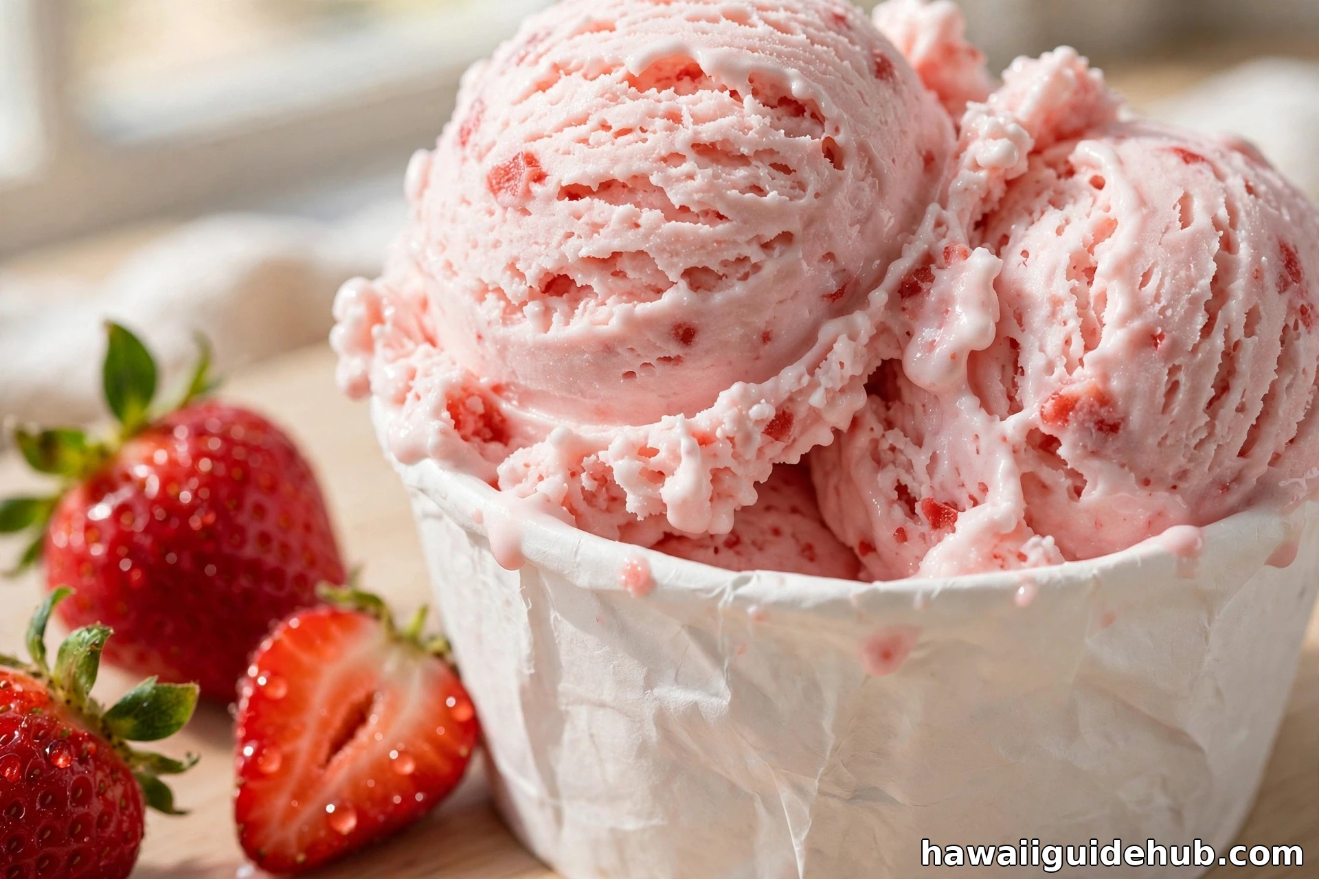 Close-up of pink strawberry guri guri scoops in a paper cup with fresh strawberries