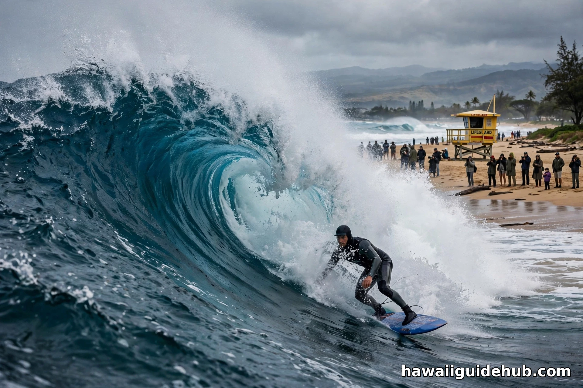 Big wave surfer riding a massive winter wave at Sunset Beach Oahu with lifeguard tower on the beach