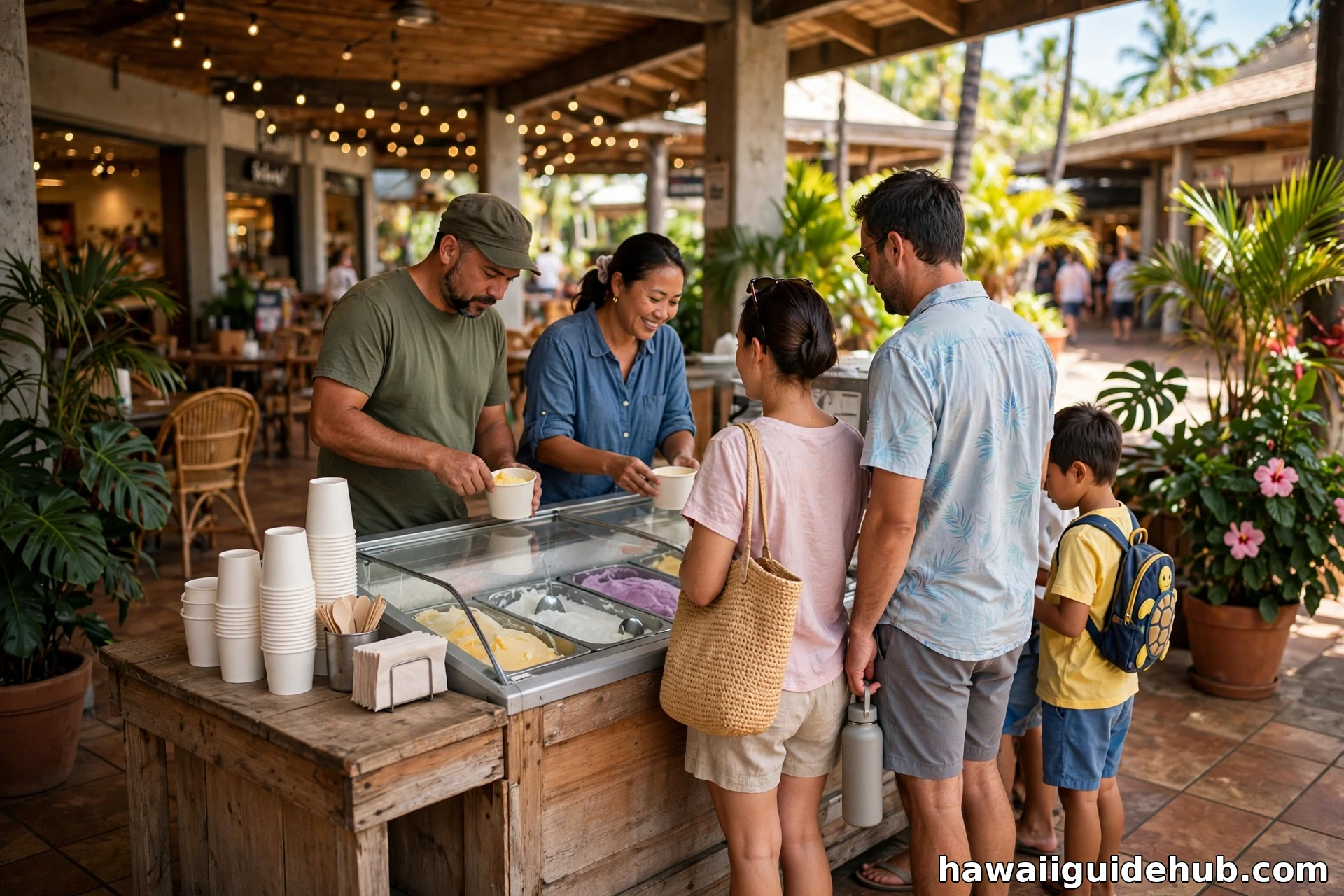 Small family-run frozen dessert counter inside an open-air Hawaiian shopping mall