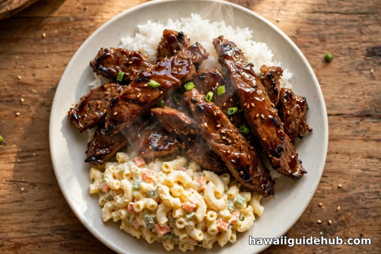 Glossy grilled Hawaiian teri beef slices over white rice with macaroni salad, plate lunch style