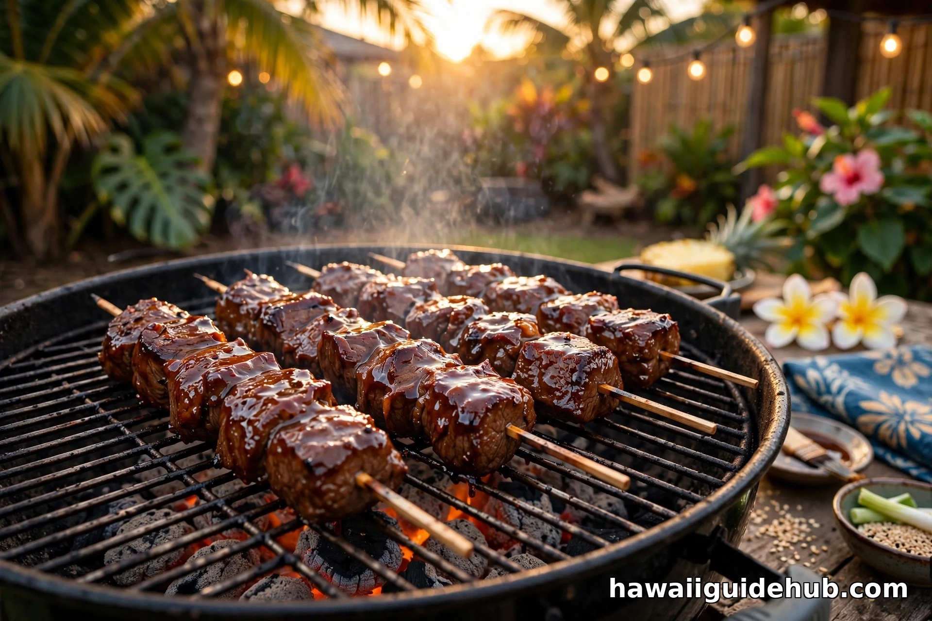 Teri beef skewers grilling over charcoal in a Hawaiian backyard with palm trees at sunset