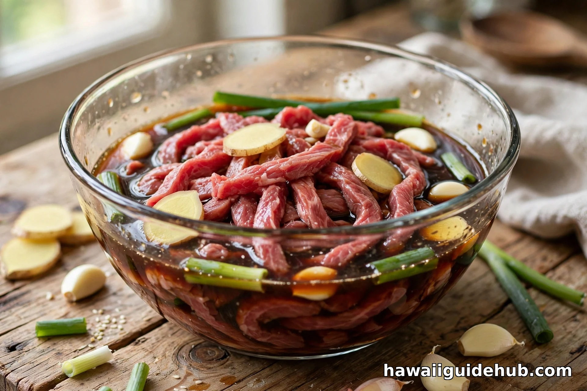 Thin beef strips marinating in dark shoyu teriyaki sauce with ginger, garlic, and green onions in a glass bowl