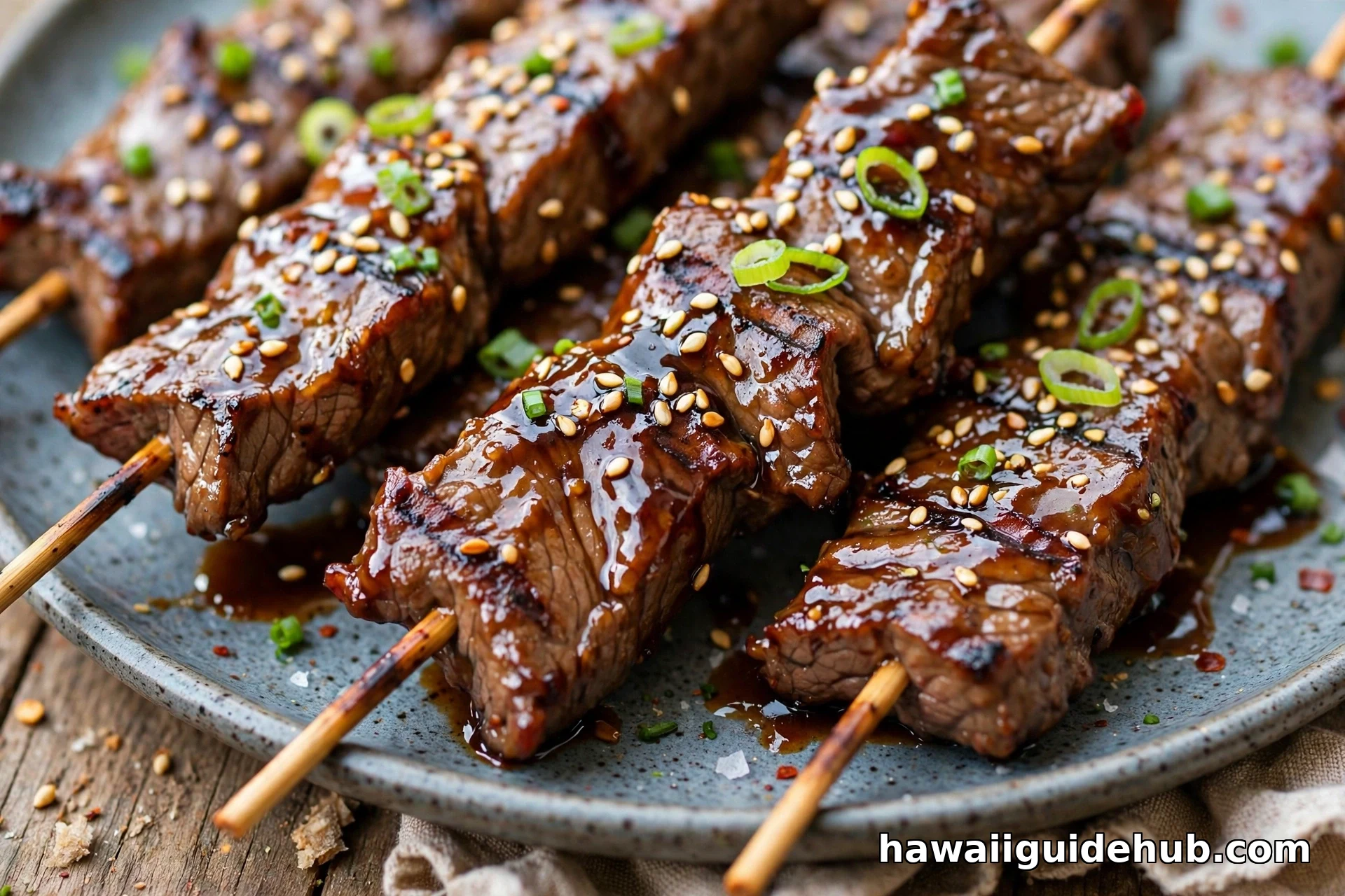 Grilled Hawaiian teri beef sticks on skewers with glossy teriyaki glaze, sesame seeds, and green onions