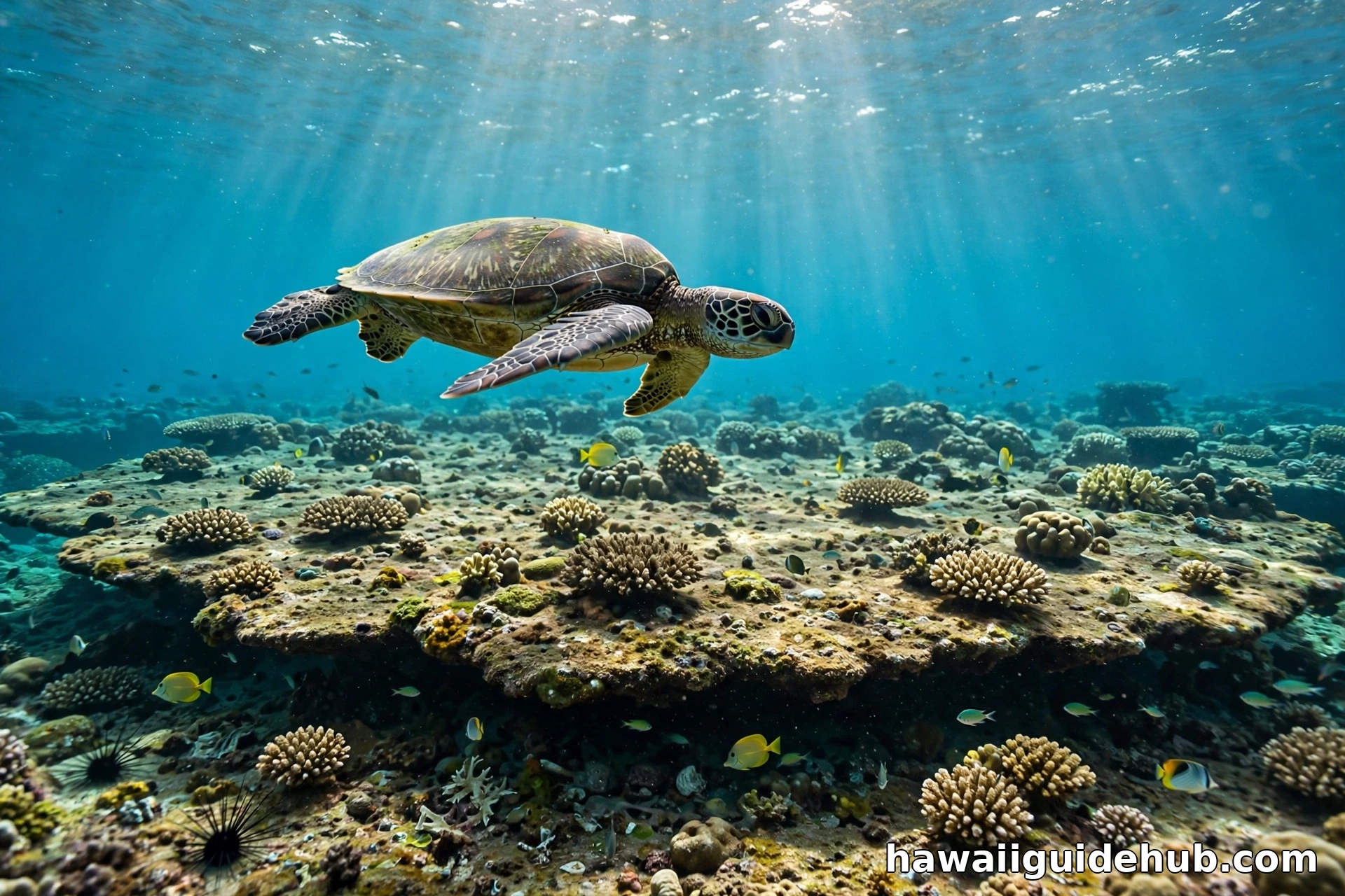 Hawaiian green sea turtle gliding over a flat coral reef table at Three Tables, Oahu