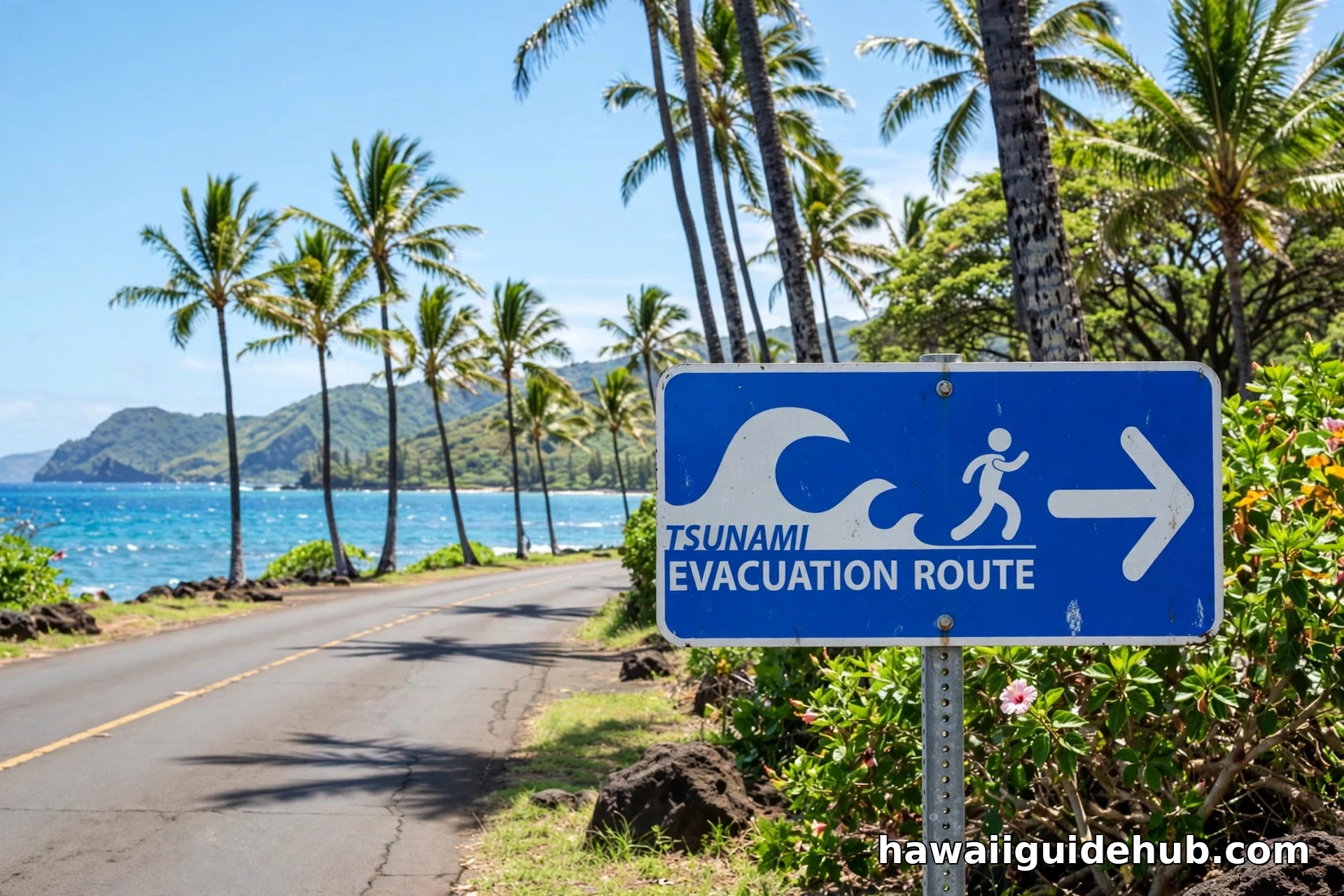 Blue tsunami evacuation route sign on a Hawaii coastal road with palm trees and the ocean