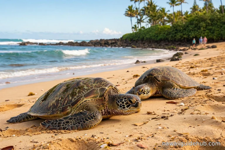 Two Hawaiian green sea turtles (honu) basking on golden sand at Laniakea Beach on Oahu, with turquoise ocean and palm trees