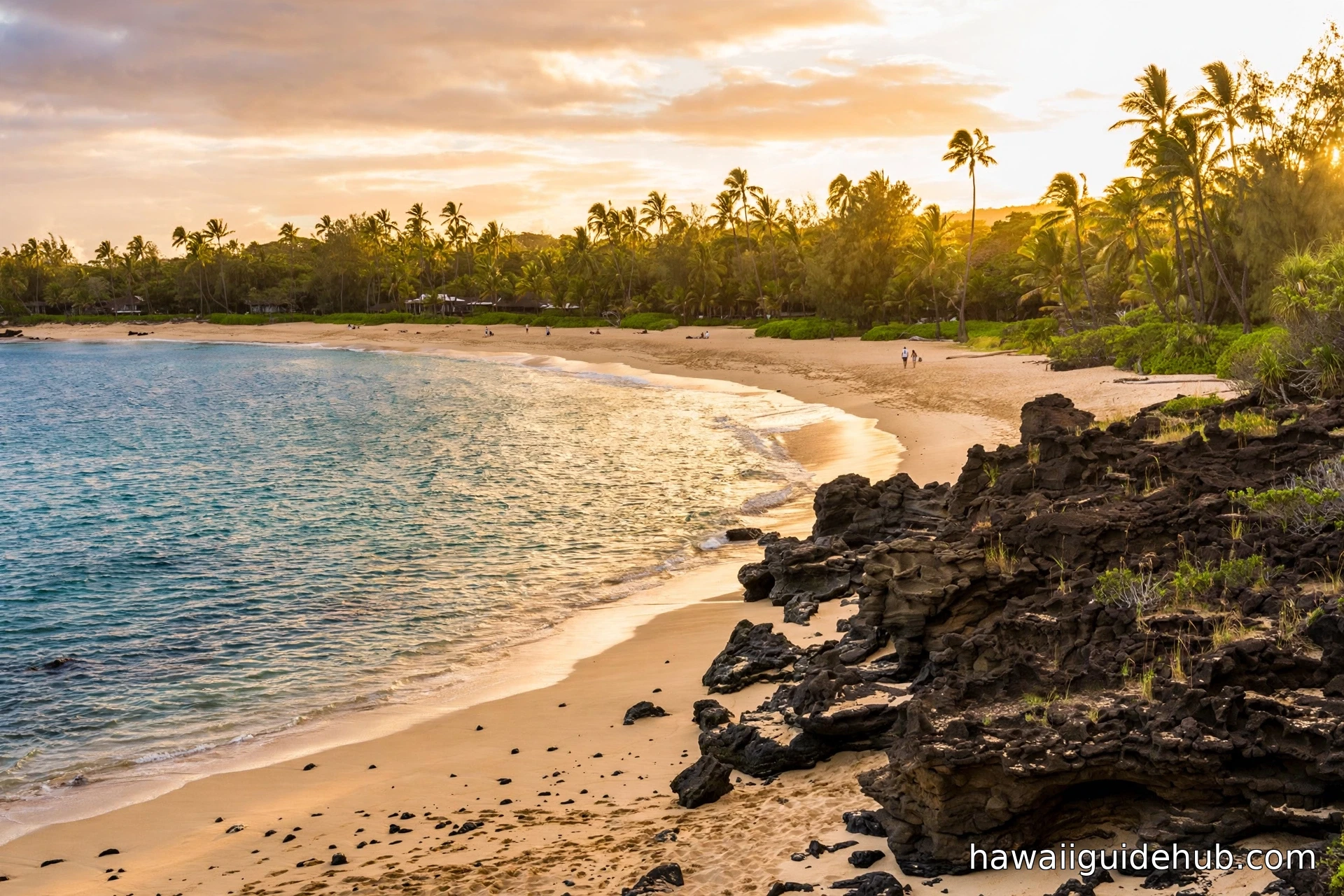 Laniakea Beach on Oahu's North Shore at golden hour, with curved sandy shoreline, turquoise water, black lava rocks, and palm trees