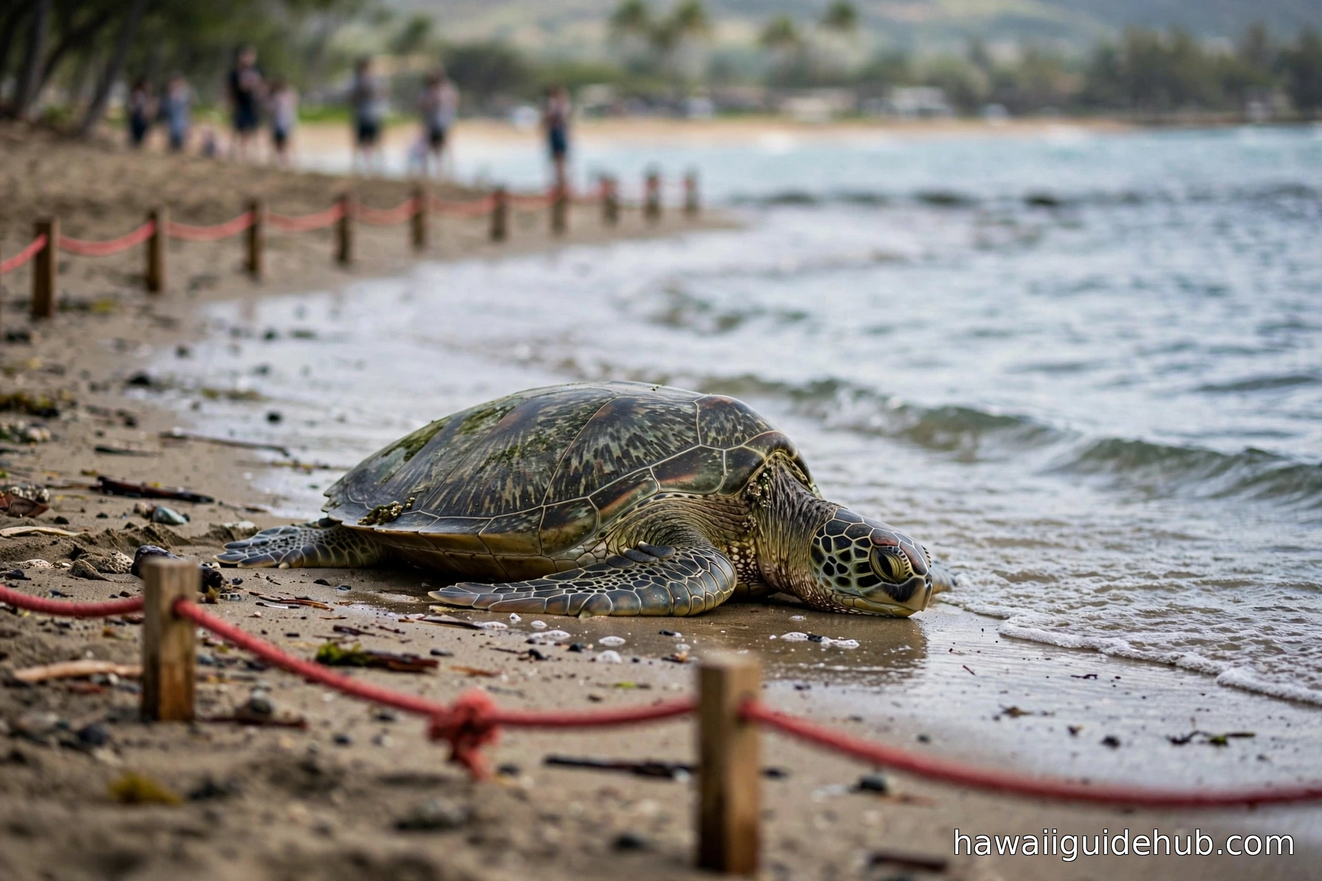 Hawaiian green sea turtle resting at the water's edge on Laniakea Beach, with a red rope barrier keeping visitors at a respectful distance