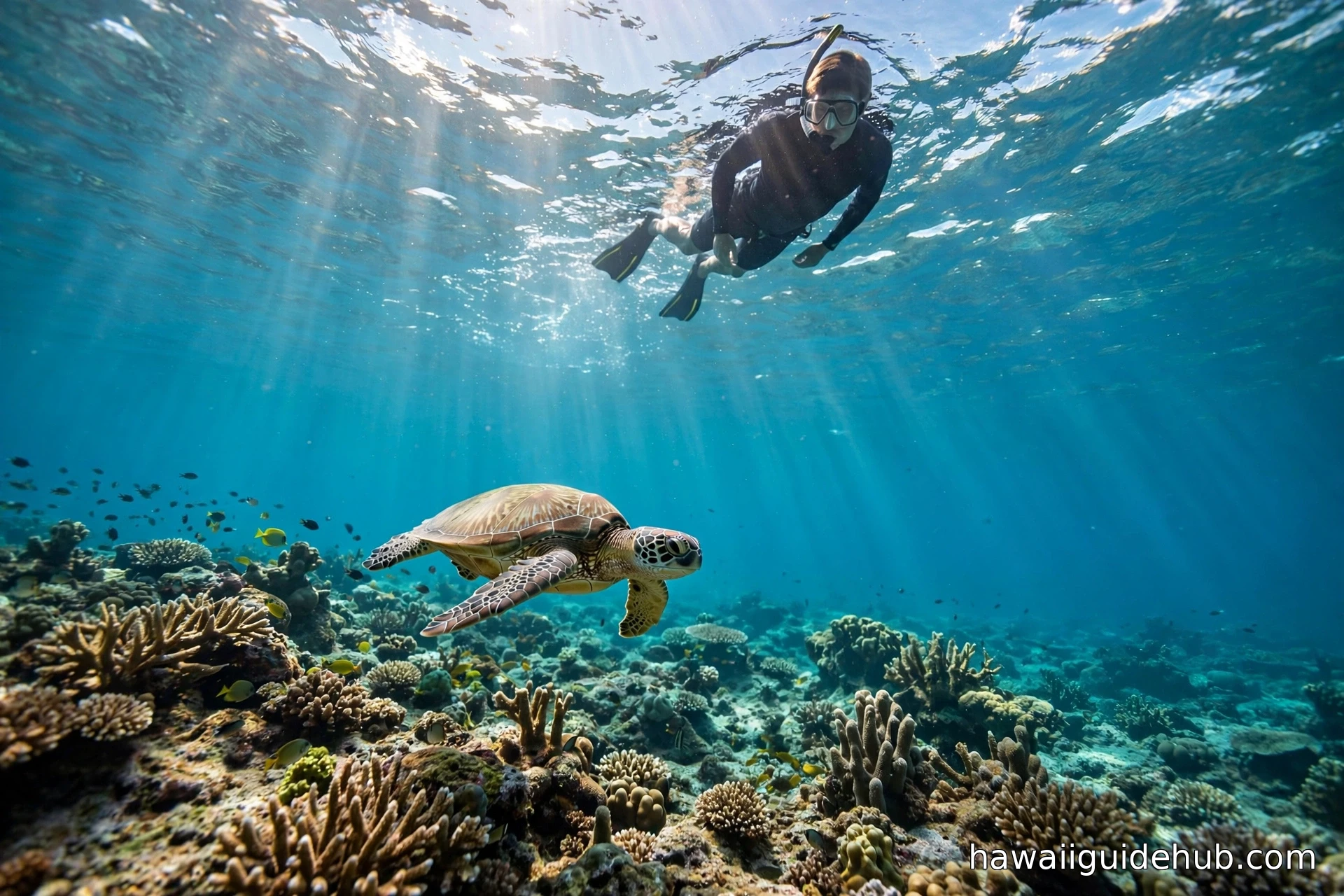 Snorkeler floating at the surface watching a Hawaiian green sea turtle swim over a coral reef off Oahu, keeping a respectful distance