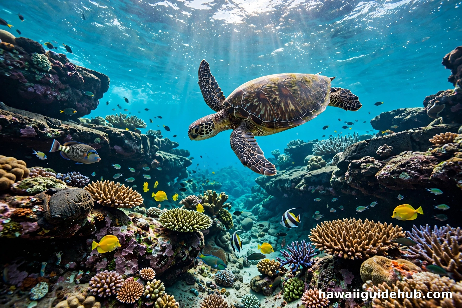 Hawaiian green sea turtle gliding over a coral reef at Turtle Town, Maui