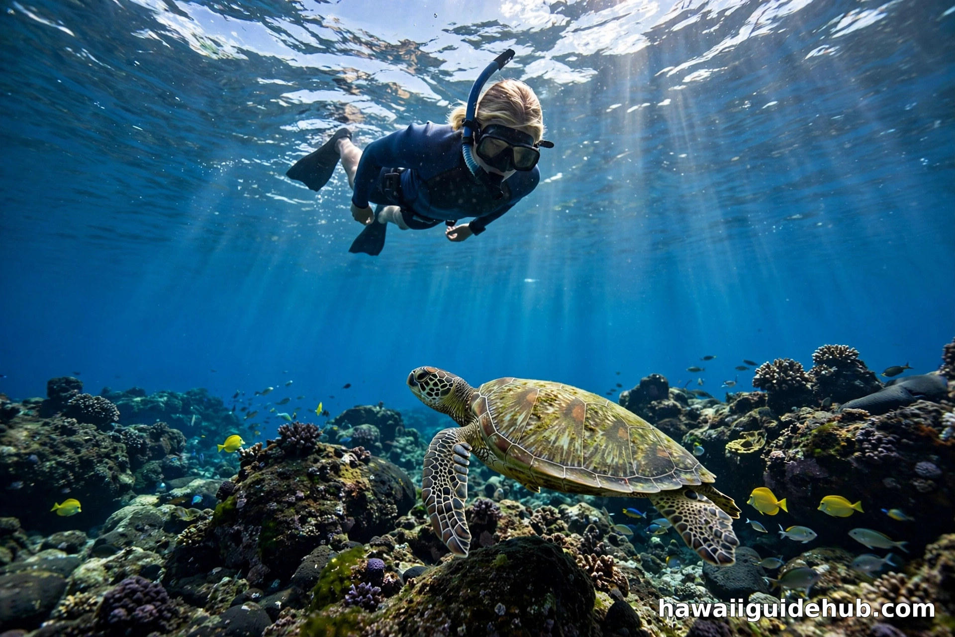 Snorkeler floating at a respectful distance above a Hawaiian green sea turtle over the reef at Turtle Town, Maui