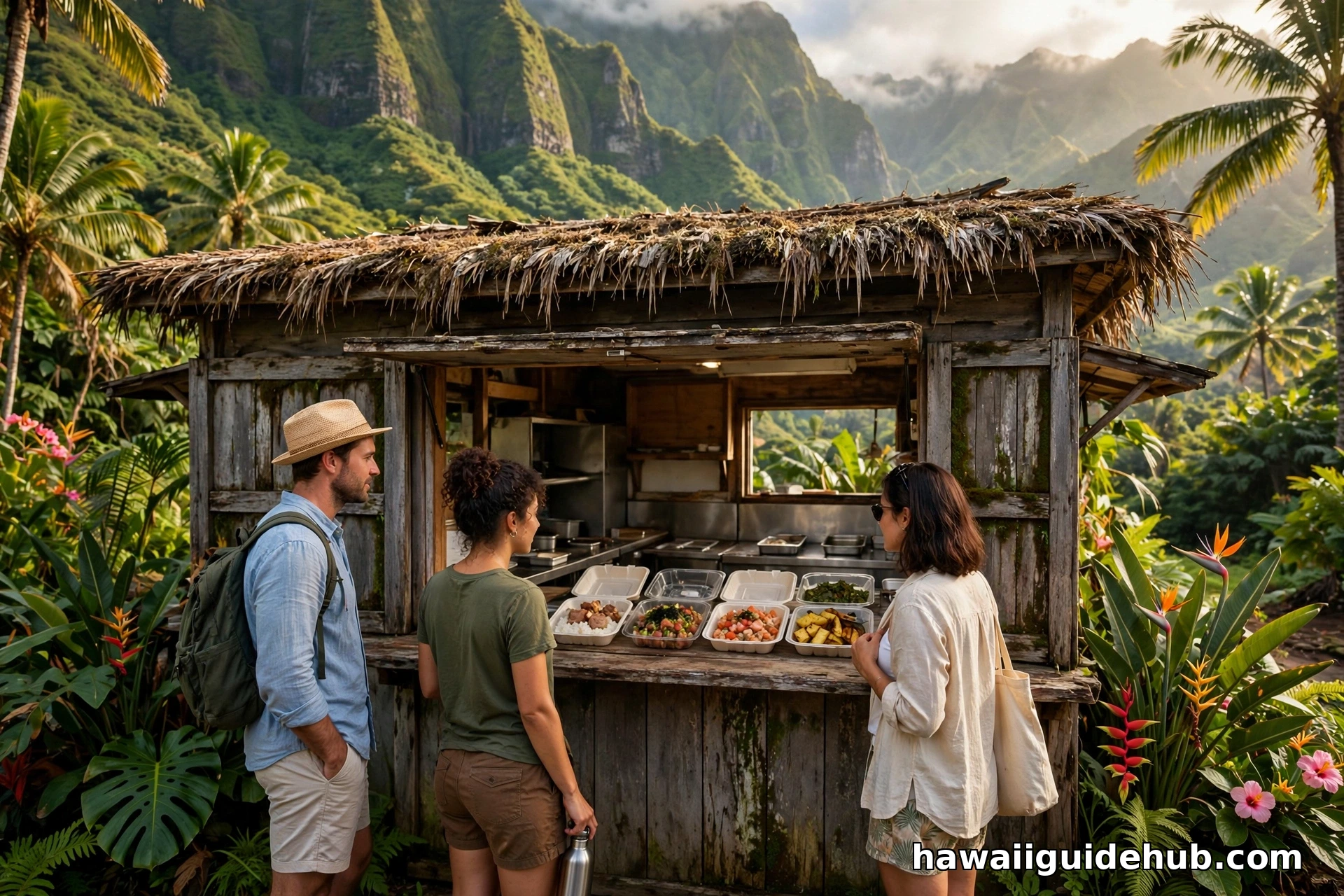 Rustic open-air Waiahole Poi Factory food stand with Koolau mountains behind, Kaneohe Oahu