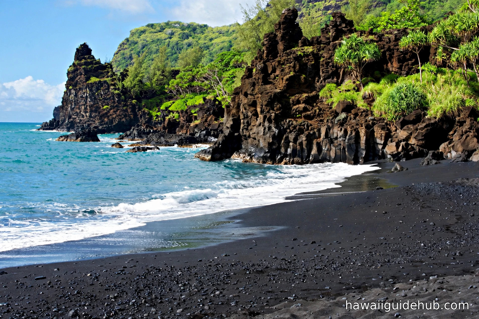 The black sand beach at Waianapanapa State Park with lava rock cliffs.