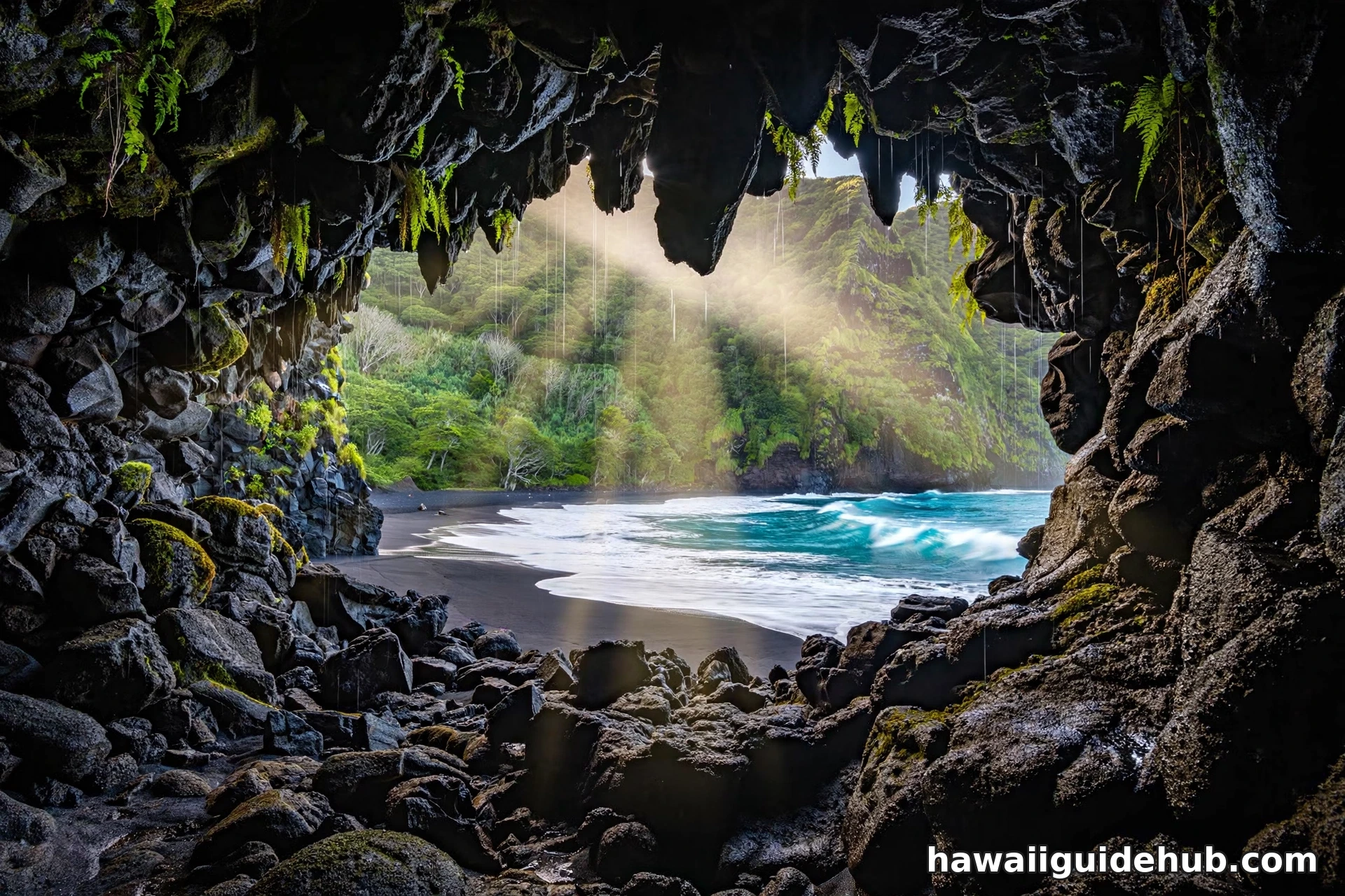 Sea cave in dark lava rock framing the black sand beach at Waiʻānapanapa, Maui