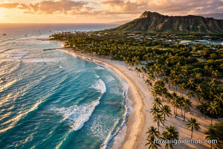 Aerial view of Waikiki Beach at golden hour with Diamond Head crater in the distance, turquoise ocean and palm-lined shore