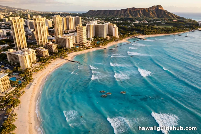 Aerial view of Waikiki Beach at golden hour with Diamond Head, turquoise surf, and resort hotels on Oahu Hawaii