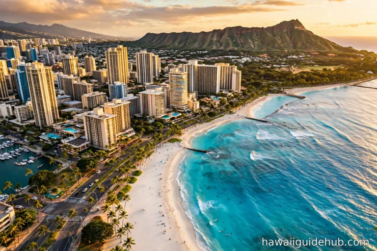 Aerial view of Waikiki Beach in Honolulu with Diamond Head crater rising behind the city at golden hour