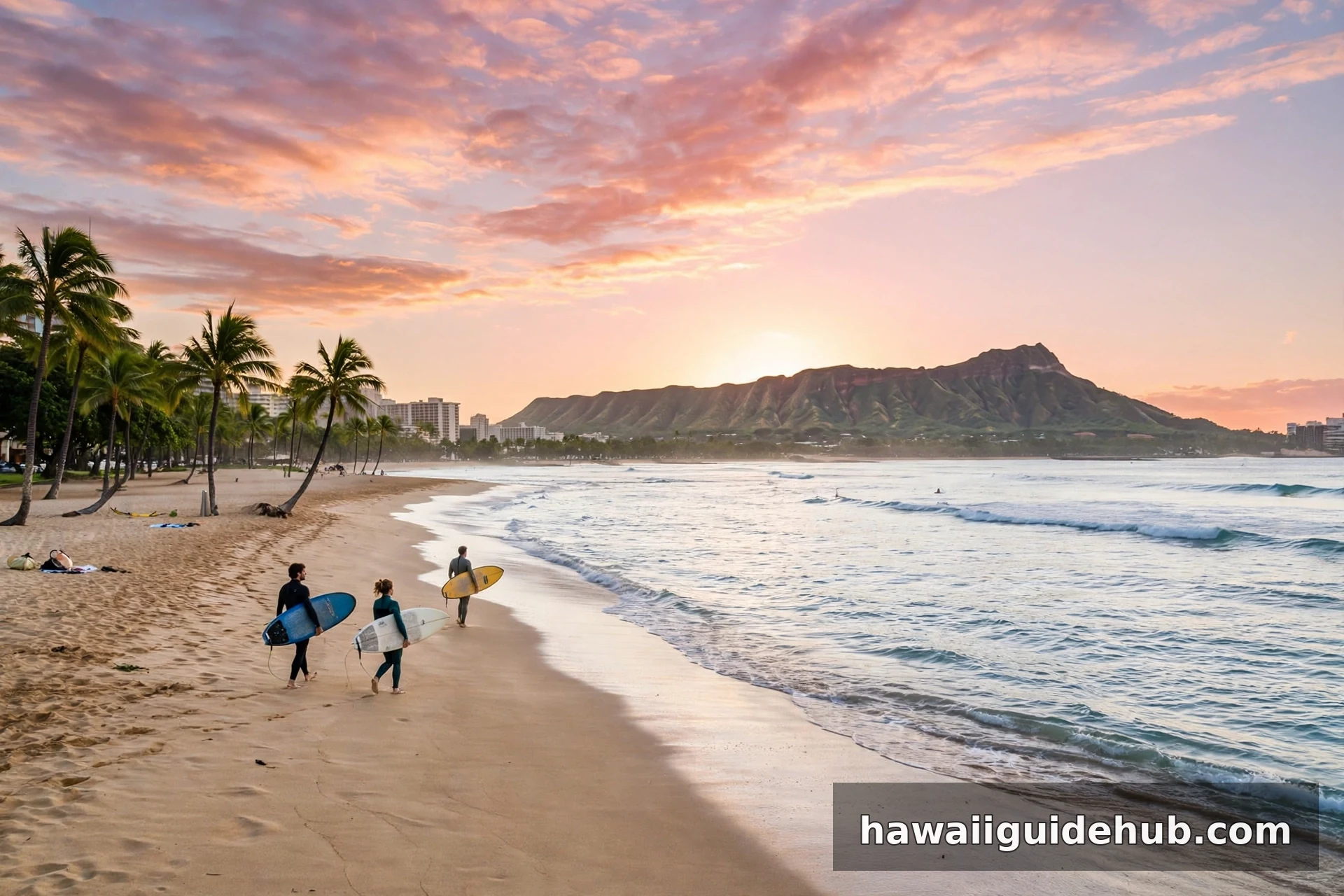 Surfers heading into the water at Waikiki Beach at sunrise in Honolulu, with Diamond Head on the horizon