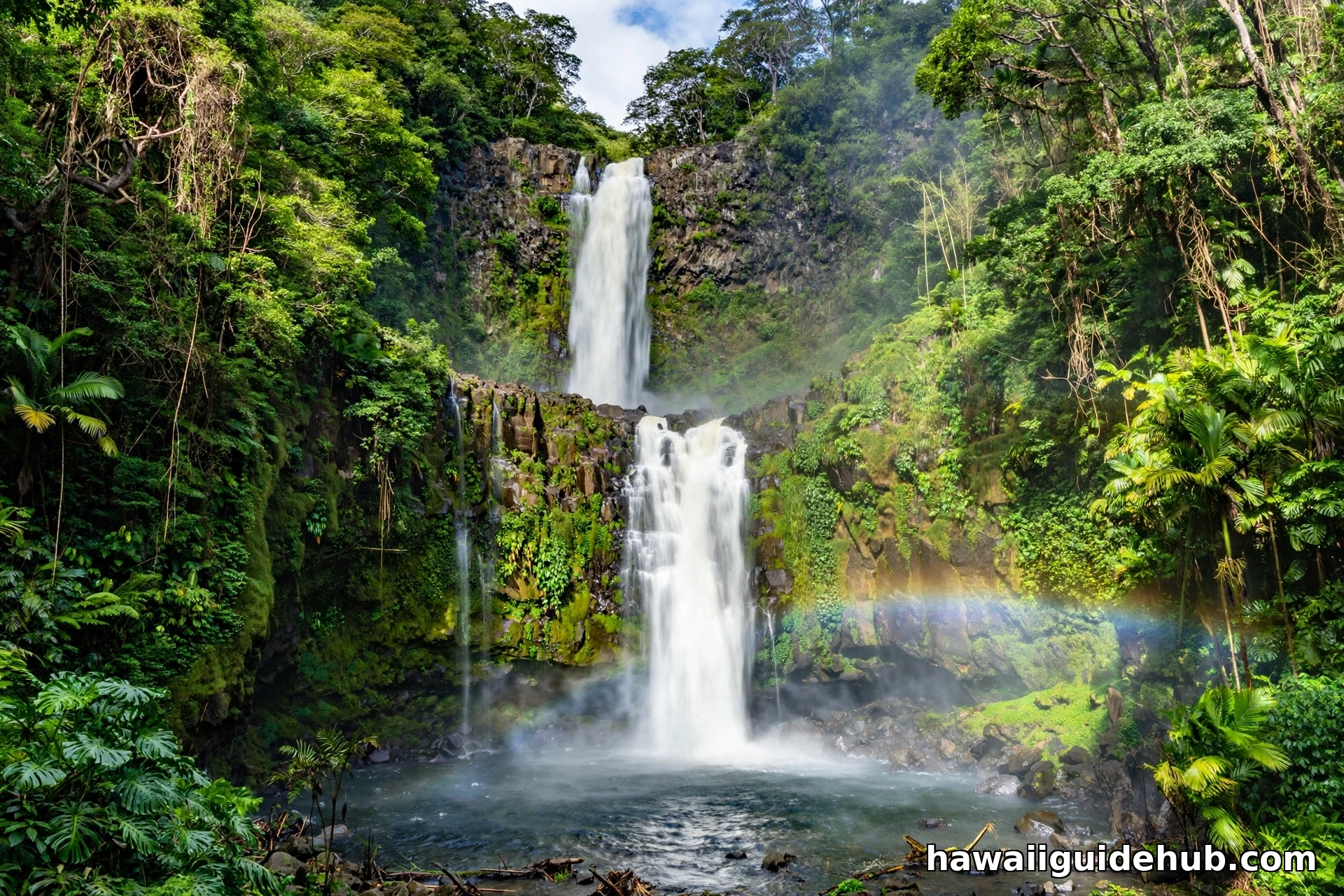 Wailua Falls, an 80-foot double-tiered waterfall near Lihue, Kauai, with a rainbow in the mist
