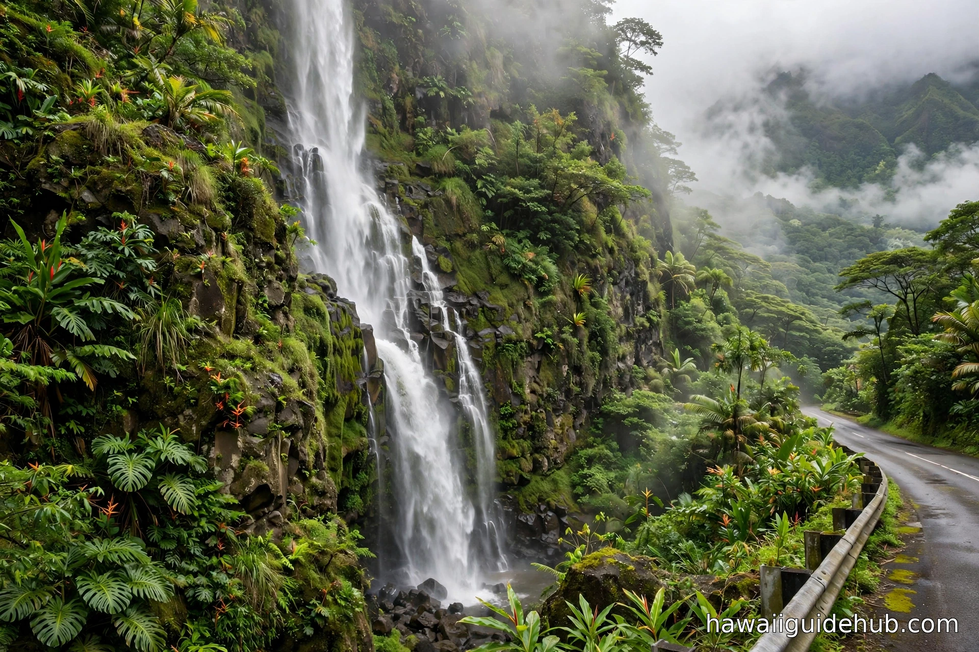 A tall waterfall cascading beside the Hana Highway in East Maui.