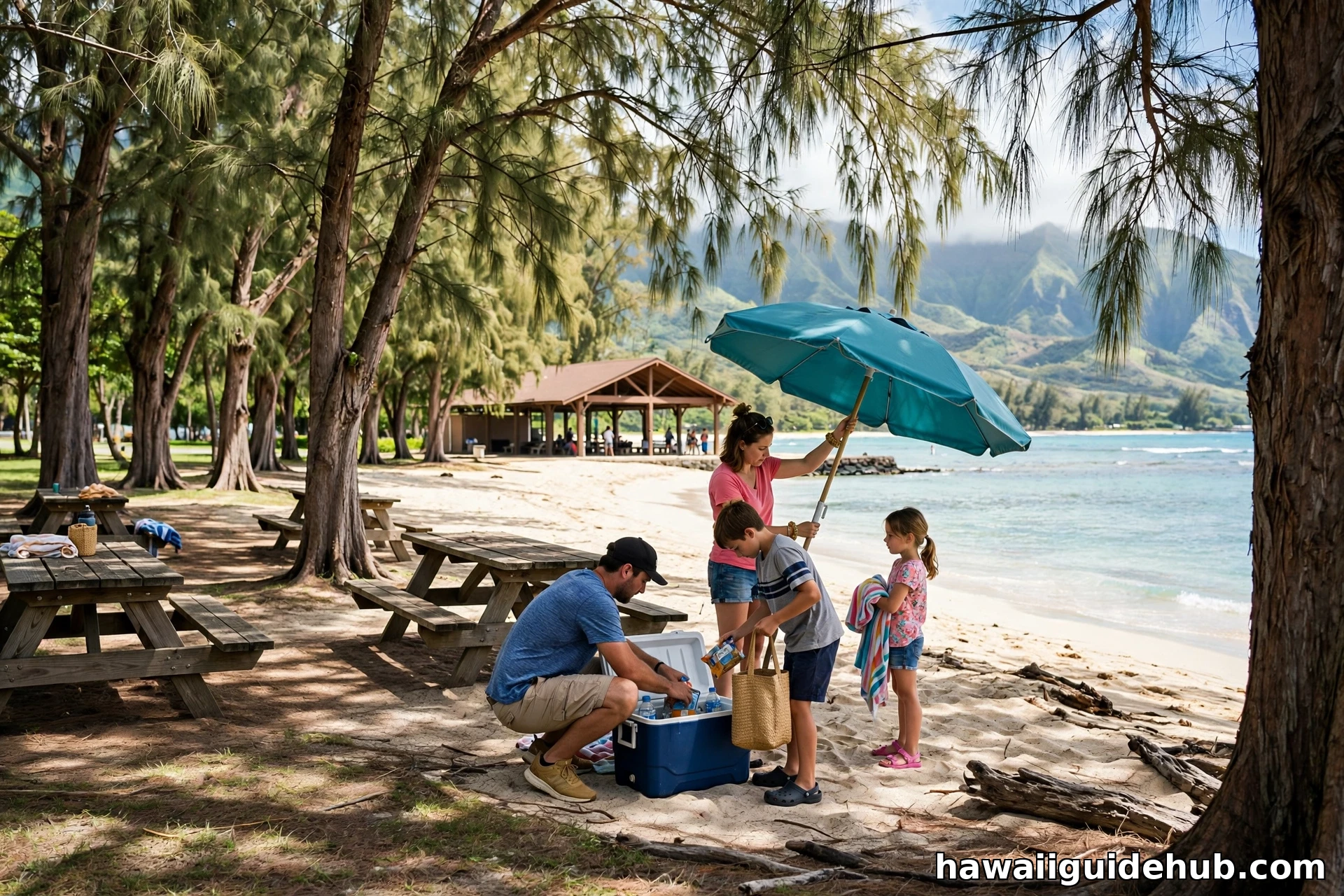 A family setting up under the ironwood trees at Waimānalo Beach Park, with picnic tables, the pavilion, and the ocean in the background