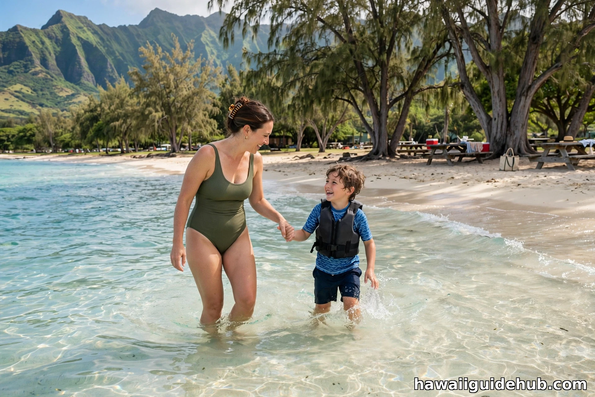 A mother and child wading in the clear turquoise shallows at Waimānalo Beach, with ironwood trees and the Koʻolau mountains behind them