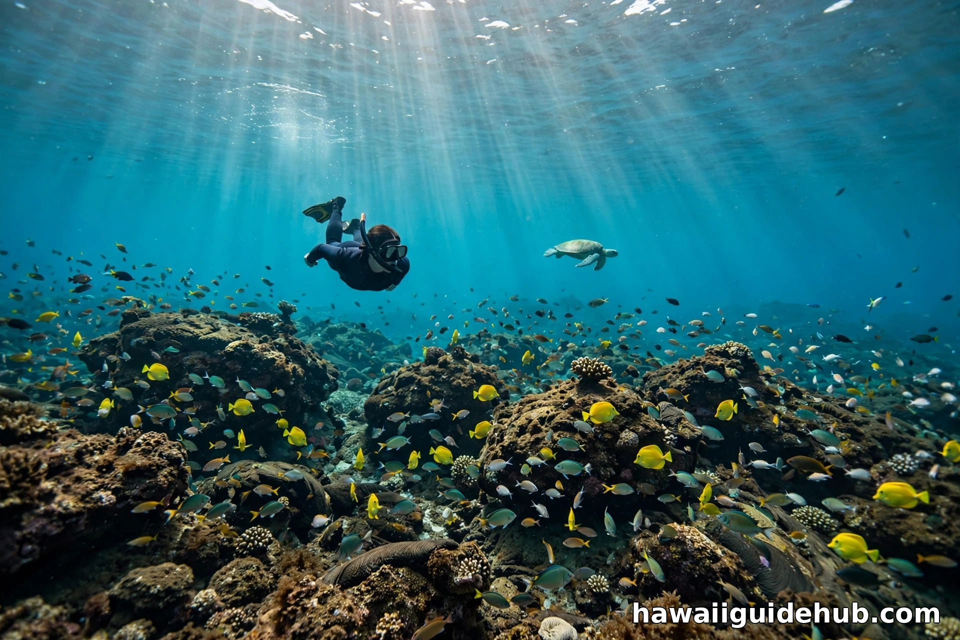 Snorkeling over the reef at Waimea Bay, with tropical fish and a green sea turtle.