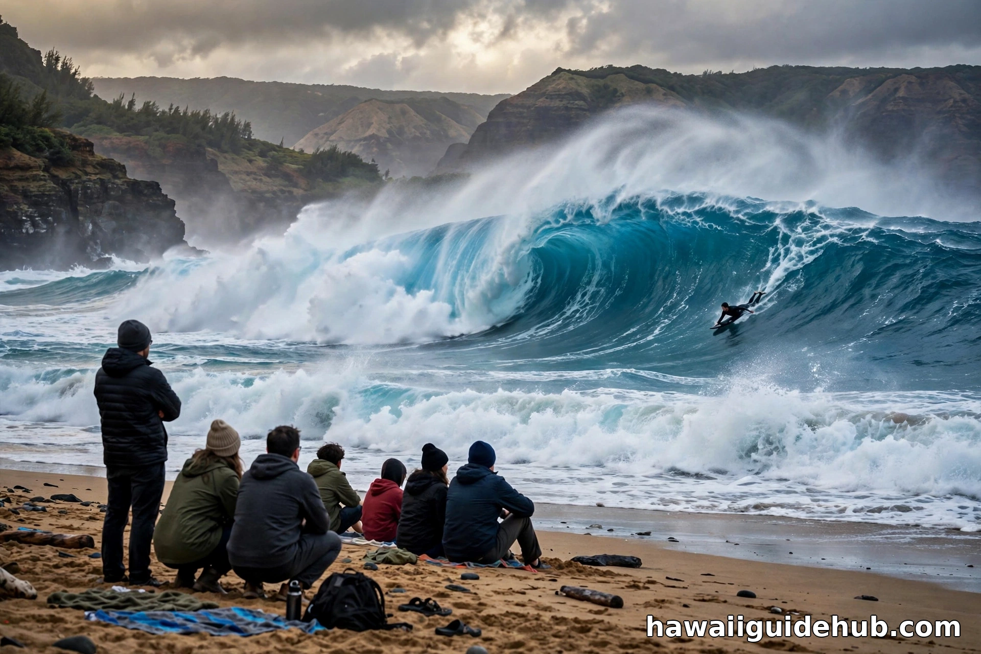 Giant winter surf at Waimea Bay, watched by spectators from the sand.